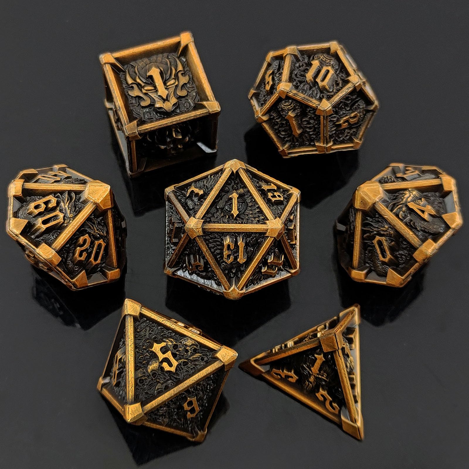 ORUZA Set di 7 dadi in metallo DND, dadi poliedrici D&D, dadi da gioco in metallo, per dungeon e dragon, RPG MTG TTRPG Pathfinder, giochi da tavolo (oro vecchio)