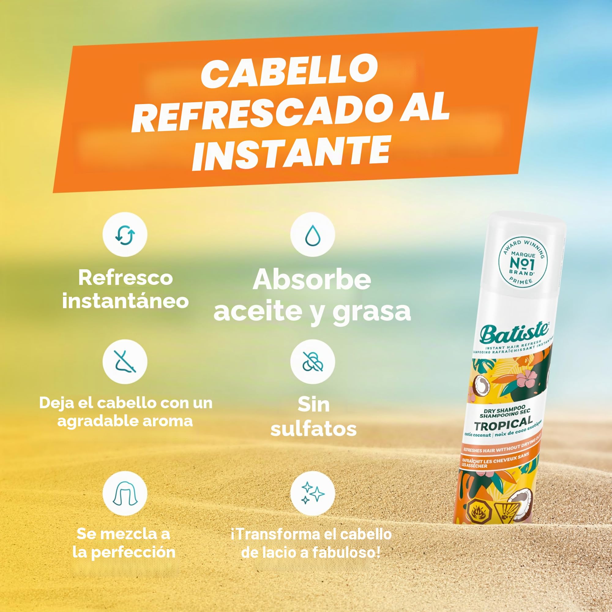 Batiste Tropical Coconut Exotic Dry Shampoo Champú (Ad1161), Incoloro, Aromatic, 200 Mililitros, El embalaje puede variar