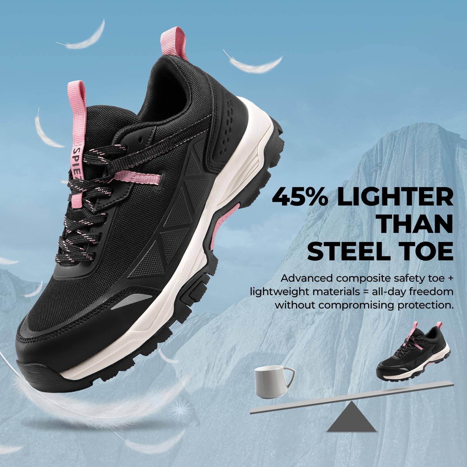 SPIEZ Zapatos de Seguridad para Mujer Ligeros - Zapatos de Trabajo con Punta Compuesta Transpirable, Resistente al Desgaste Zapatos de Senderismo para Exteriores, Negro Rosa EU35-41