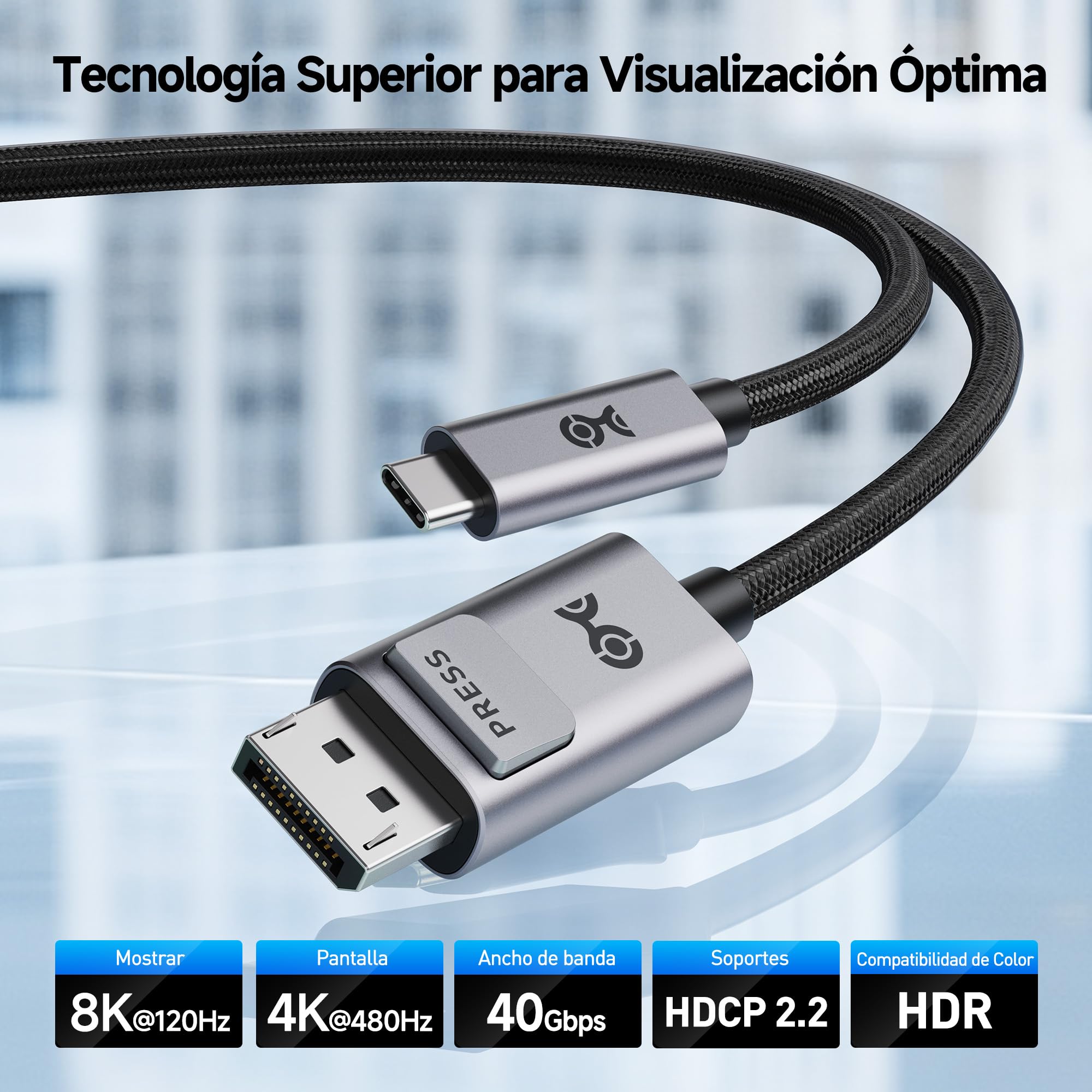Cable Matters cable USB C DisplayPort 2.1 bidireccional 0,9 m, DP40 (UHBR10) 40Gbps, 8K@120Hz 4K@480Hz, DP Alt Mode, sin Power Delivery