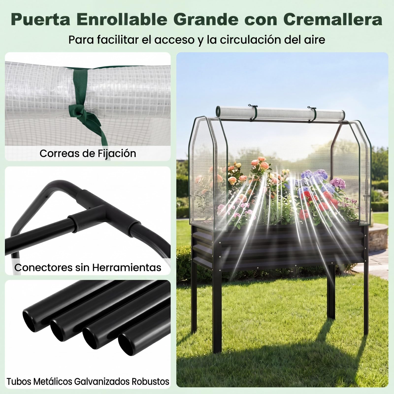 COSTWAY Jardinera Elevada con Invernadero, Cama de Jardín de Metal Galvanizado con Cubierta de Protección, Puerta Enrollable, Huerto Urbano Exterior para Patio, Terraza, Balcón (Negro)