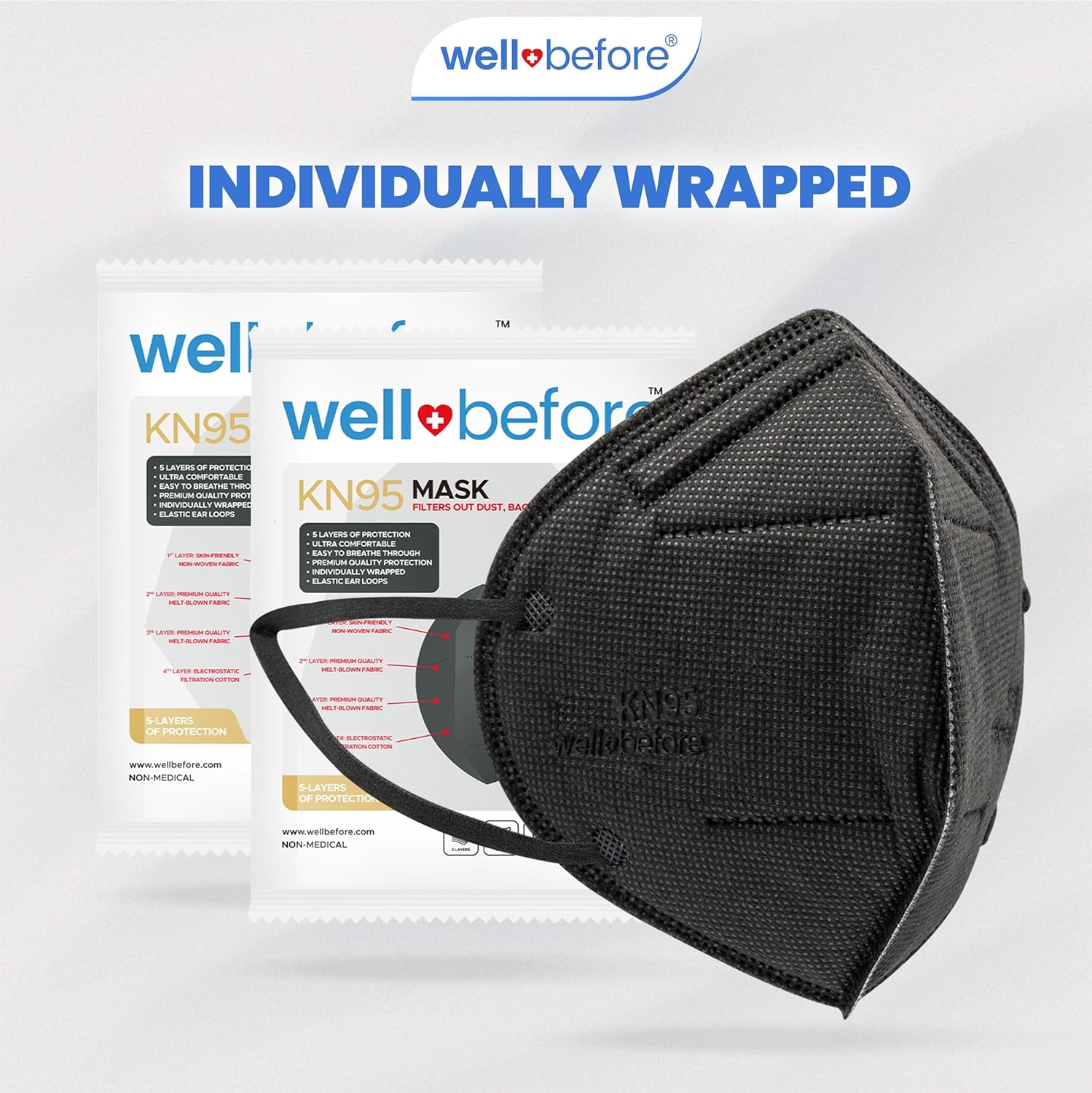 Well Before KN95 Face Masks 10 Pack, Wrapped 5-layer Protection Individually with Elastic Ear Loop - Image 6