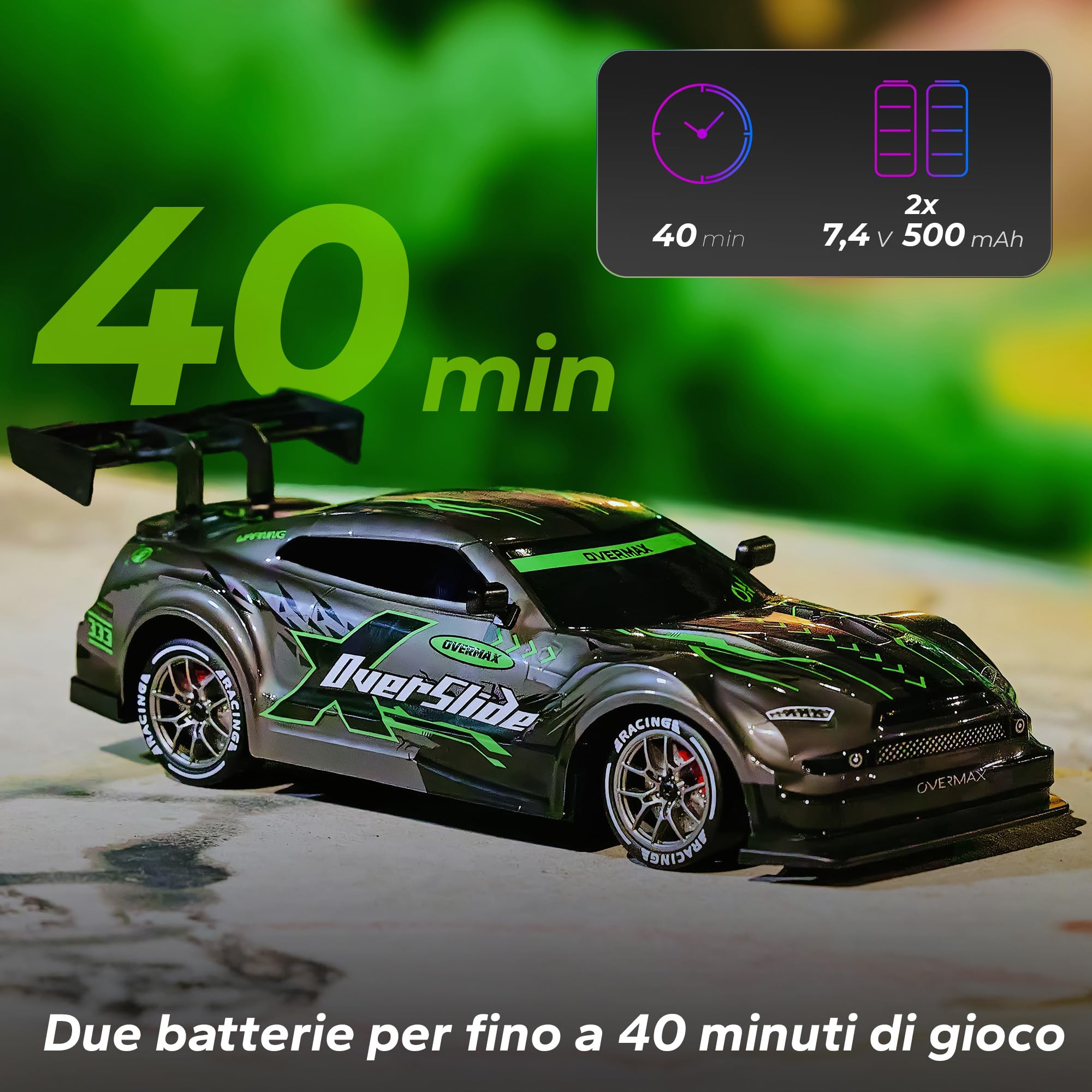Overmax X-OVERSLIDE Macchina Radiocomandata RC per Drift, Macchina Telecomandata per Bambini 8+, 1:16, 20 km/h Portata fino a 80 m, 4WD, 2 Batterie 500 mAh Set di Ruote e Ostacoli Scocca Accessoria