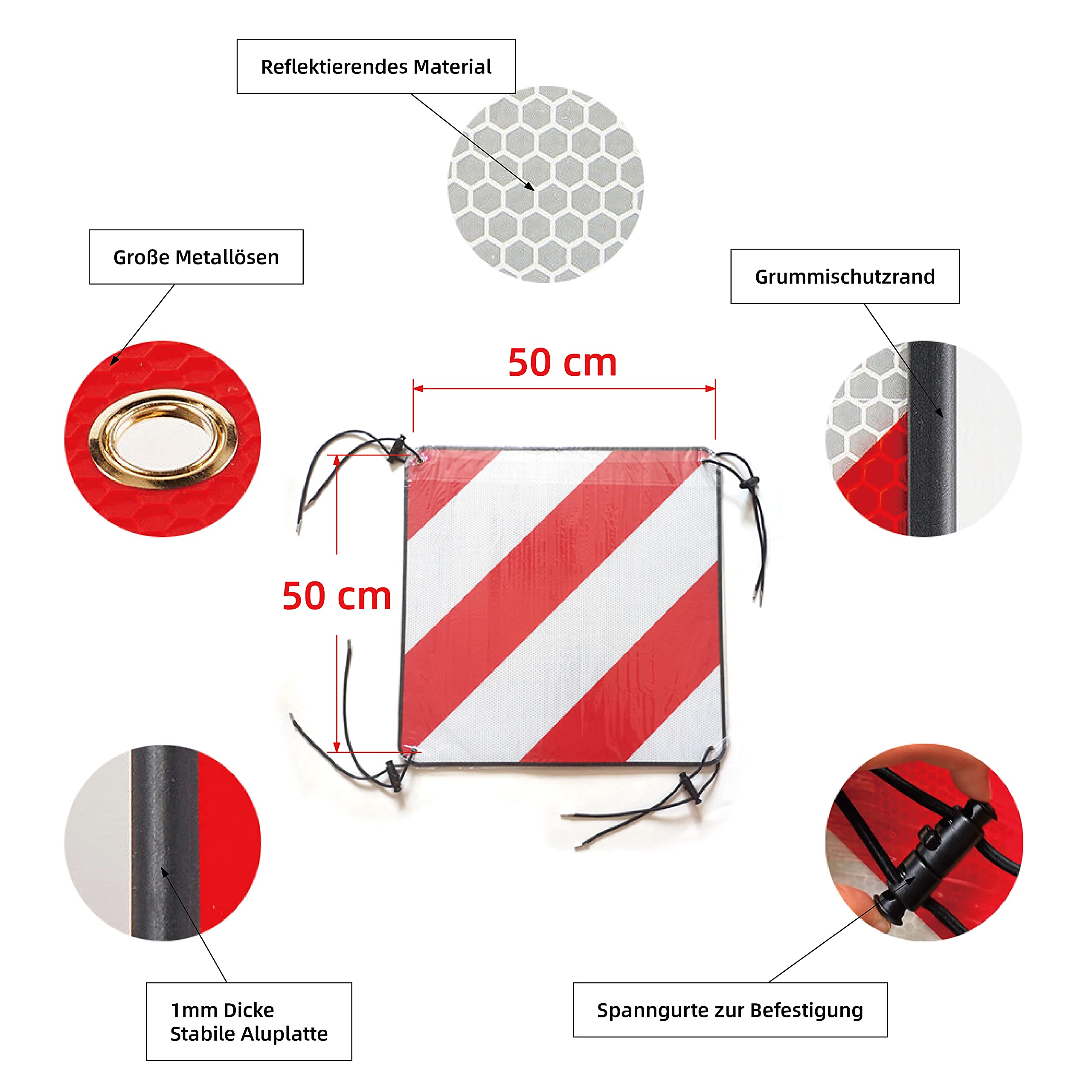 Cartel reflectante 2 en 1 de aluminio, Placa Señalizacion Portabicis, con 4 correas tensoras para portabicicletas trasero, autocaravana, 50 x 50 cm