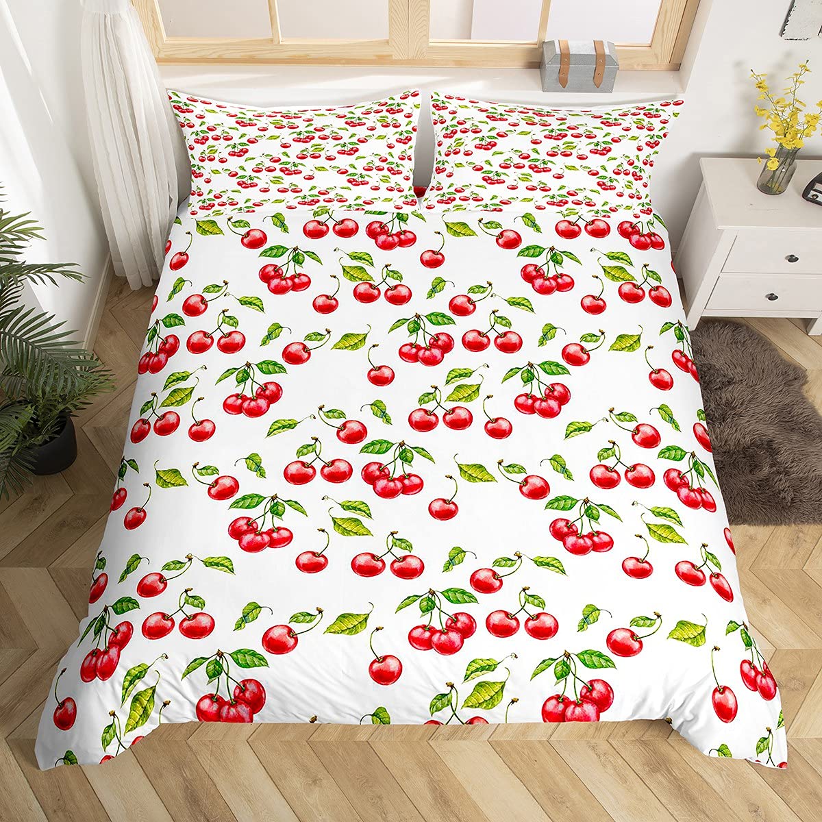 Homemissing Cute Cherries Duvet Cover Red Cherry Bedding Set for Kids Boys Girls Teens Fruit Comforter Cover Green Leaf Branches Bedding & Linen Natural 2Pcs Zipper Single Size