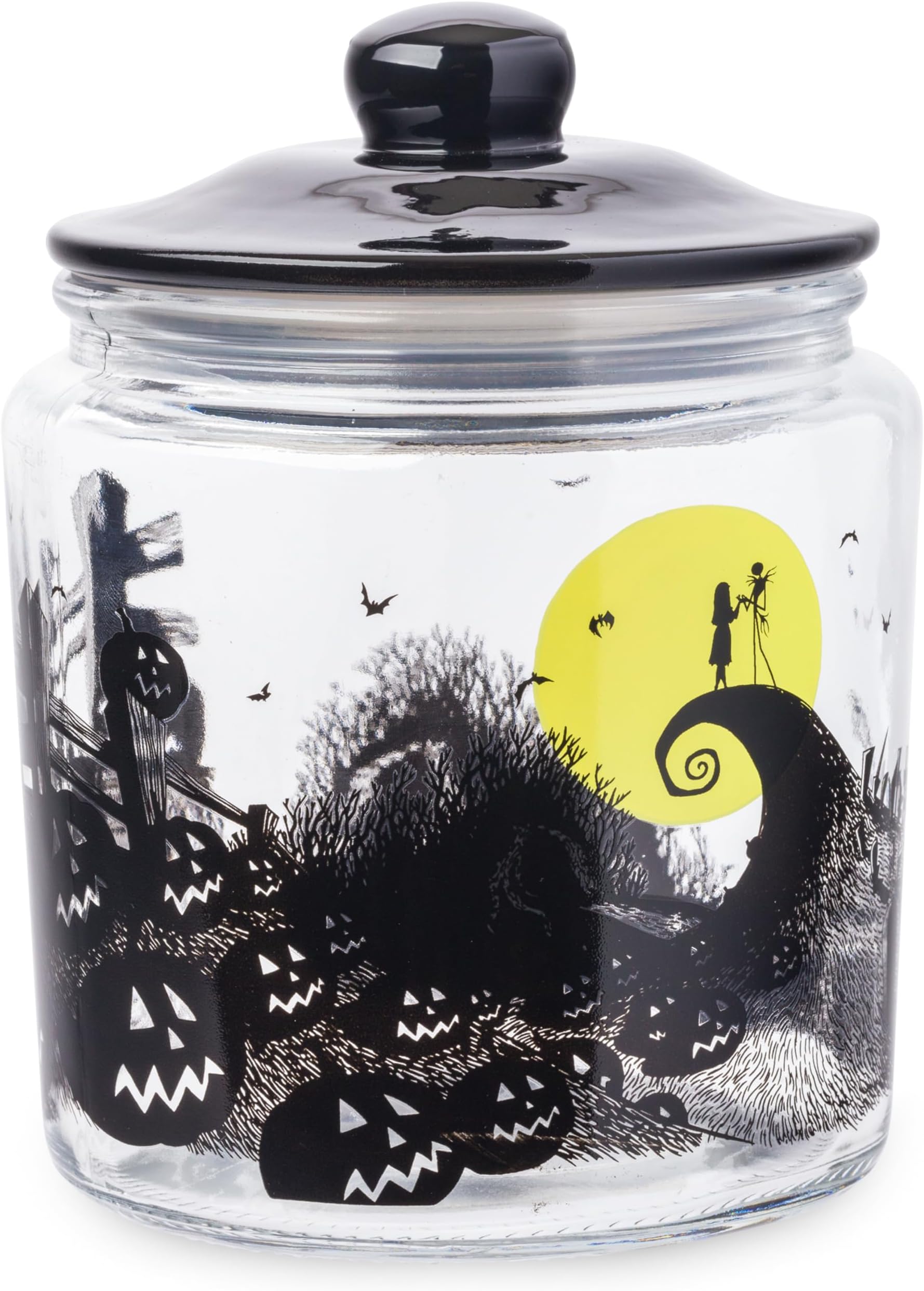 Disney Tim Burton Nightmare Before Christmas Moon Hill Graveyard Scene Jack Skellington and Sally Glass Cookie Snack Candy Jar with Lid (Small)