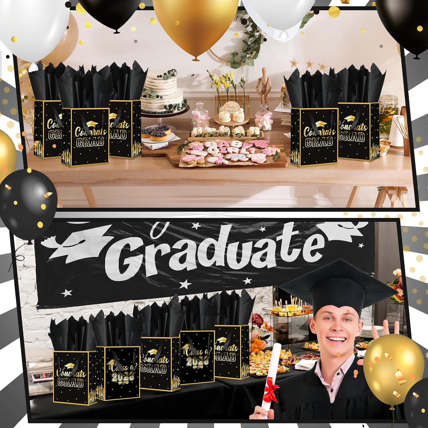 Nezyo 24 Pcs 2026 Class of Graduation Gift Bags with Handle - Green Tissue Paper Goody Bag with Gold Text ''congrats Grad'' & ''class of 2026'' Design, Perfect for Graduation Party Decor(Black)
