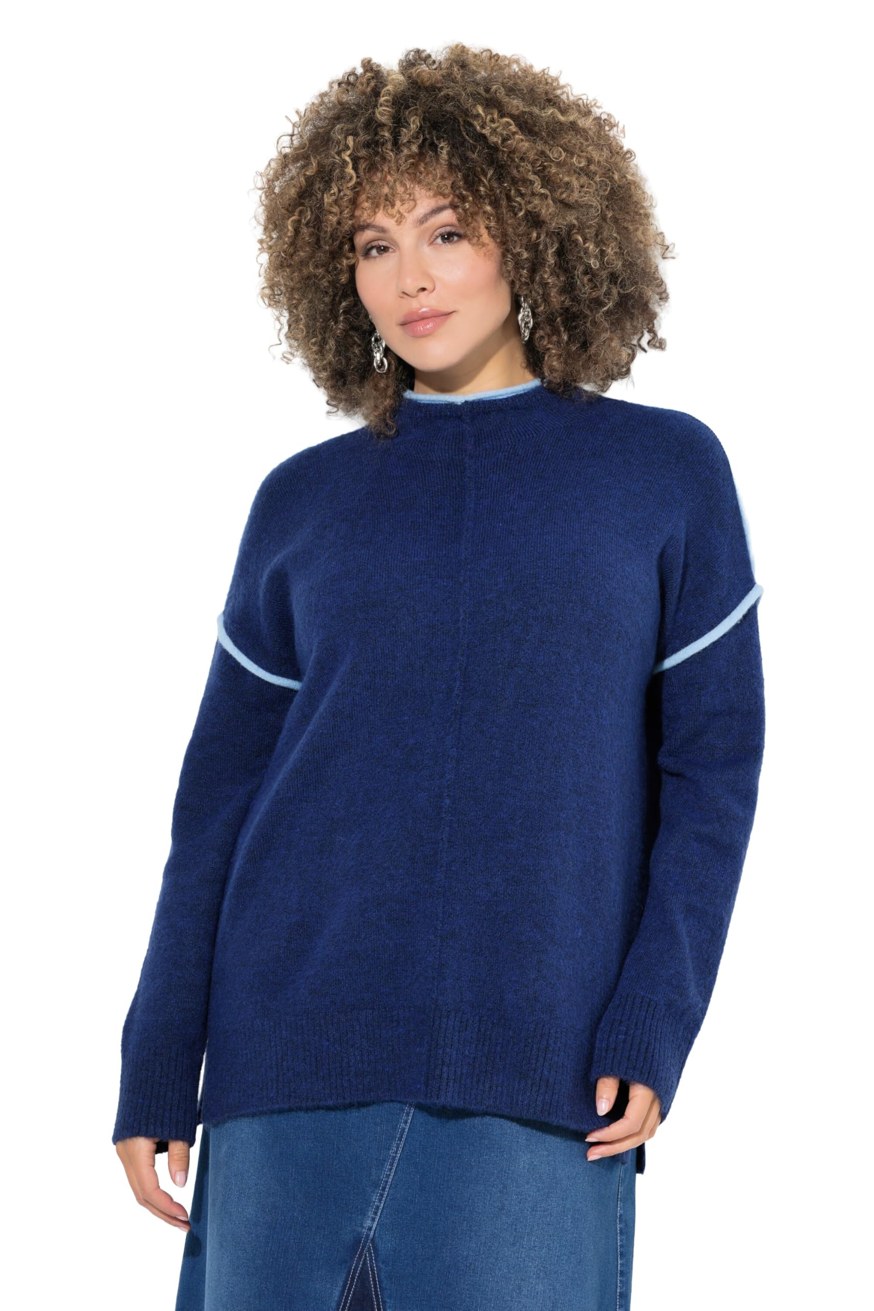 Ulla Popken Damen große Größen Übergrößen Plus Size Pullover, Kontraststreifen, Oversized, Stehkragen, Langarm 840948