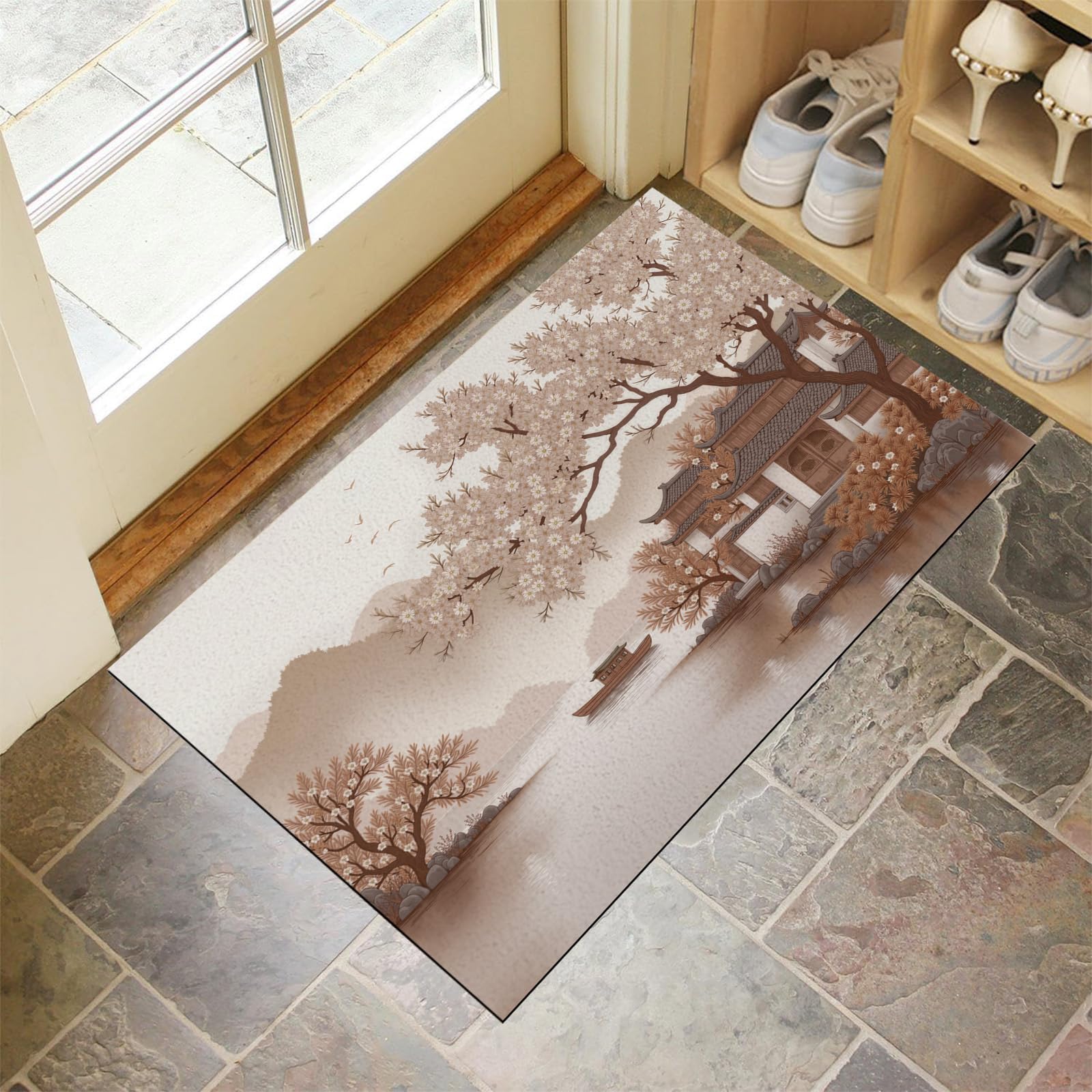 Alfombra de entrada decorativa con cerezos para un recibidor limpio y acogedor
