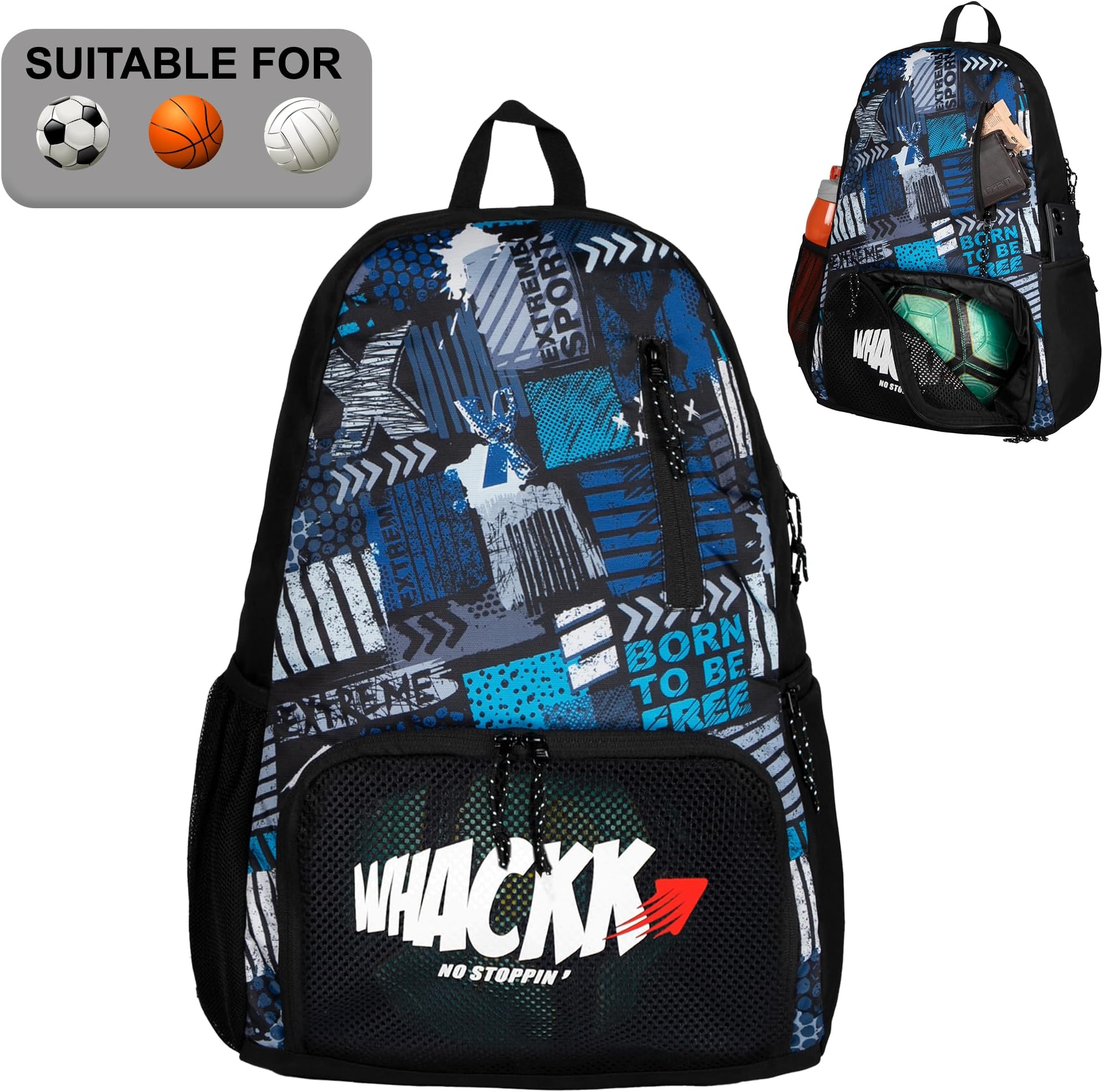 - WHACKK Thunderbolt 28L|Football Basketball Volleyball Equipment Backpack Bag|Kit Bag|Soccer Bag|Boys Kids Adult Men|Mesh Shoe or Ball Pocket|Bottle Holder| Easy Access Pocket (Blue Black)