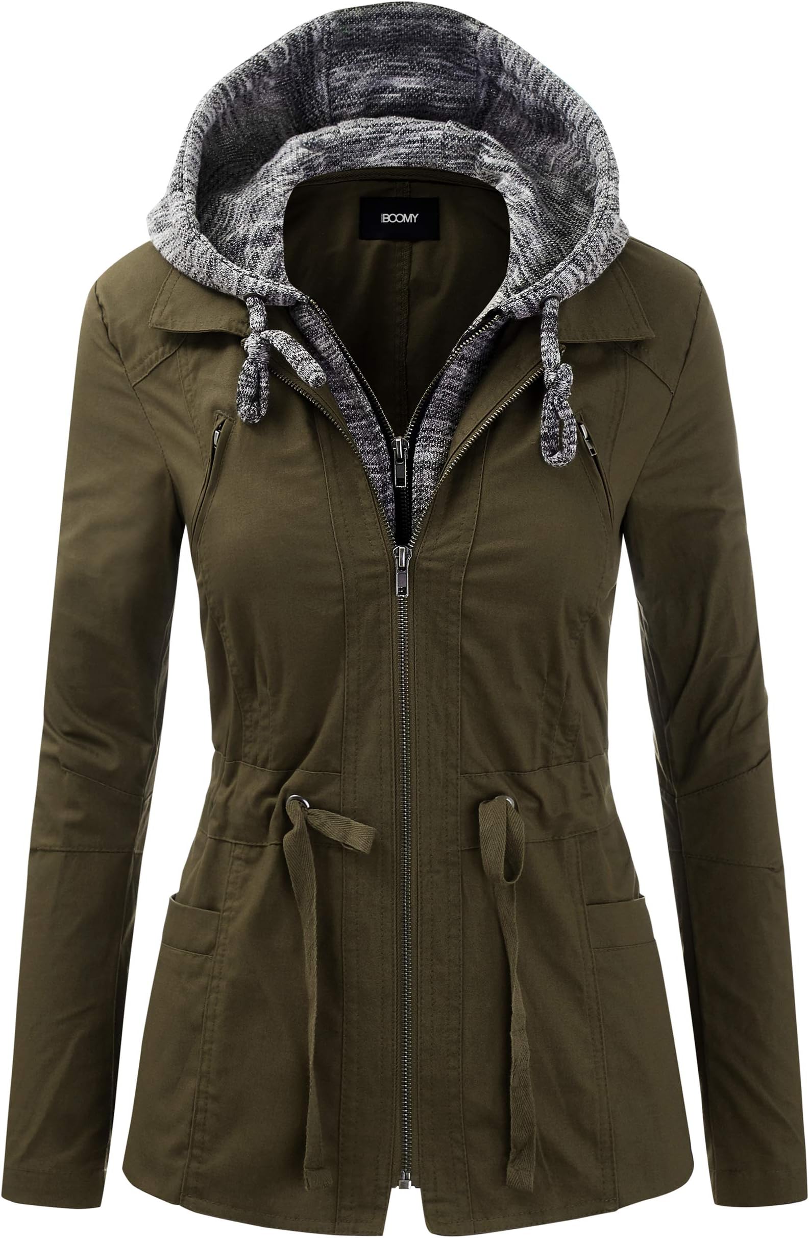 Women's Zip Up Safari Military Anorak Jacket with Hood Drawstring - Regular and Plus Sizes