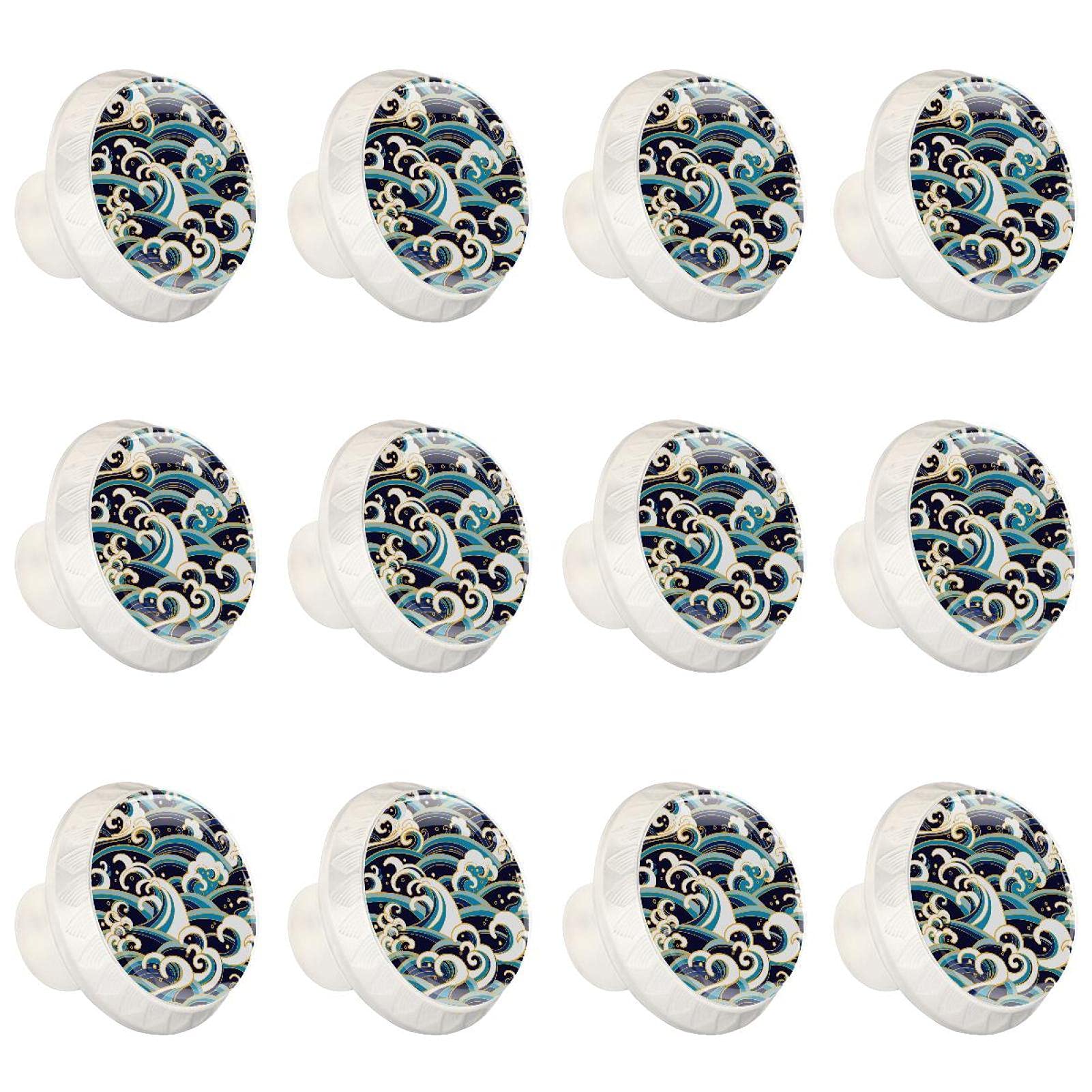 Poignée de meuble cuisine boutons tiroirs bleu blanc oriental vagues x12