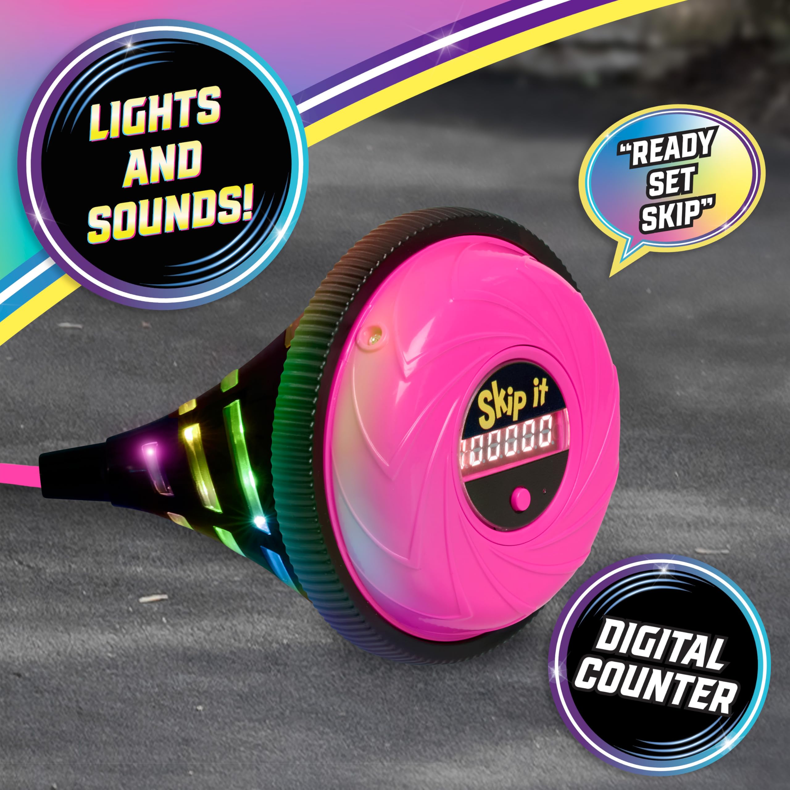 Skip It Retro Outdoor Toy, Light Up Ball and Digital Counter, Pink, Soft Foam Padded Ankle Ring, 79 cm Long, Screen Free Play - Image 3