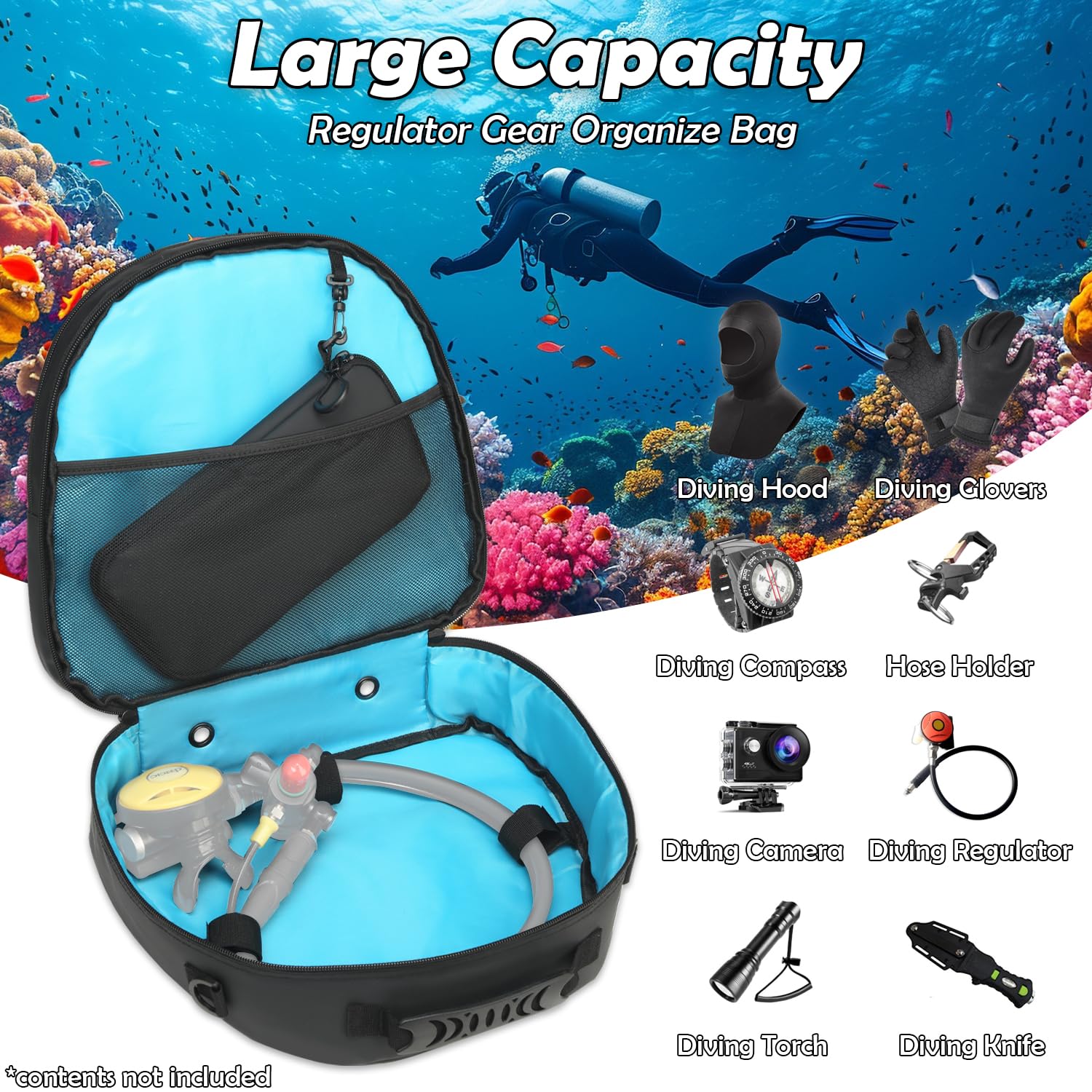 Bolsa táctica para reguladores y reguladores de buceo, bolsa acolchada para esnórquel con correa para el hombro (negro impermeable)