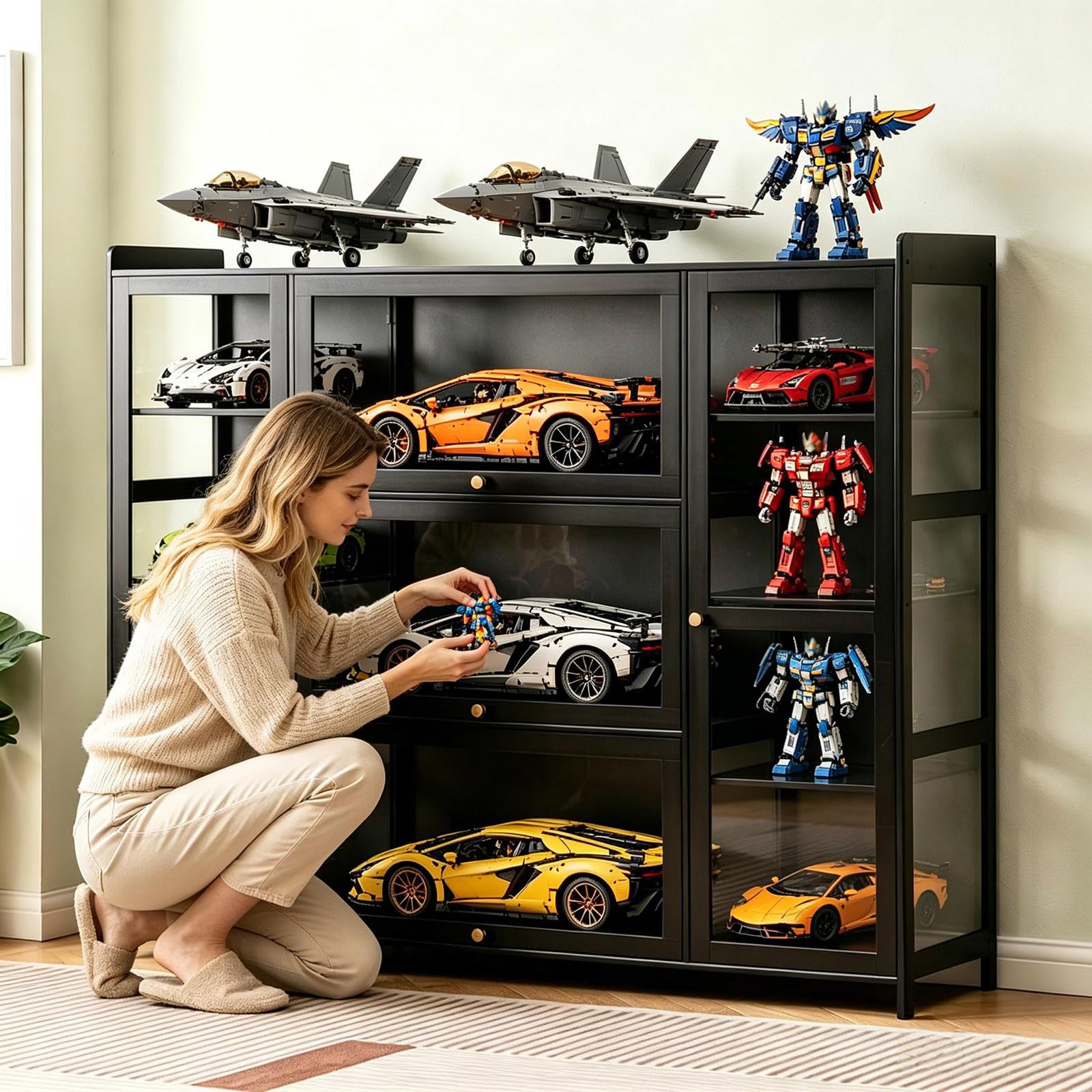 vetrina espositiva per collezionismo vetrina espositiva vetrinetta Struttura in bambù naturale, design della porta dell'armadio a ribalta, sigillata e antipolvere (3 dimensioni) 135×33×111cm