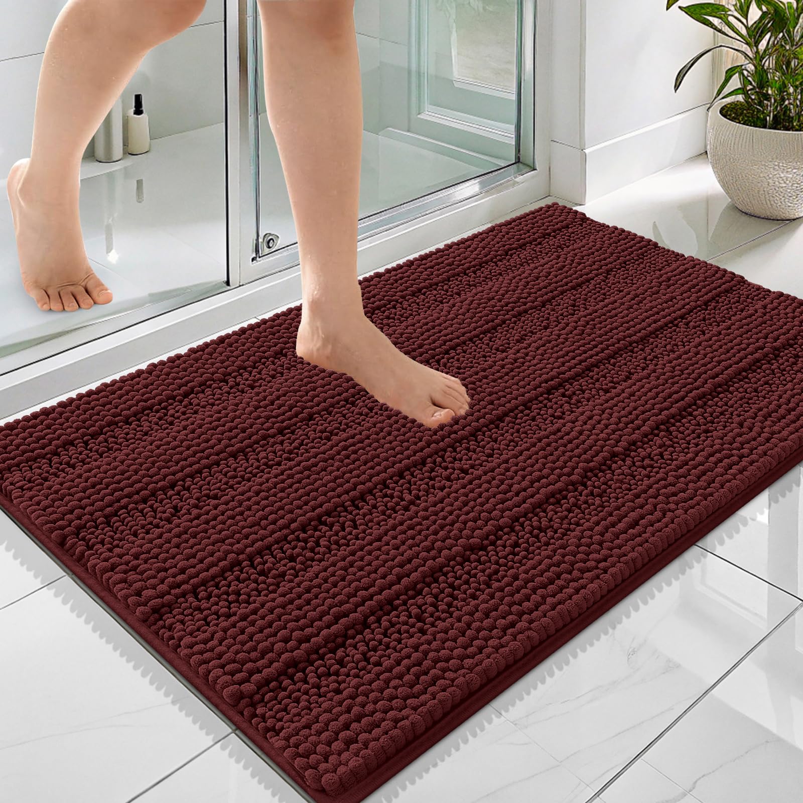 OLANLY Thick Bathroom Rugs 36x24, Chenille Bath Rugs, Andorra Red-Brown