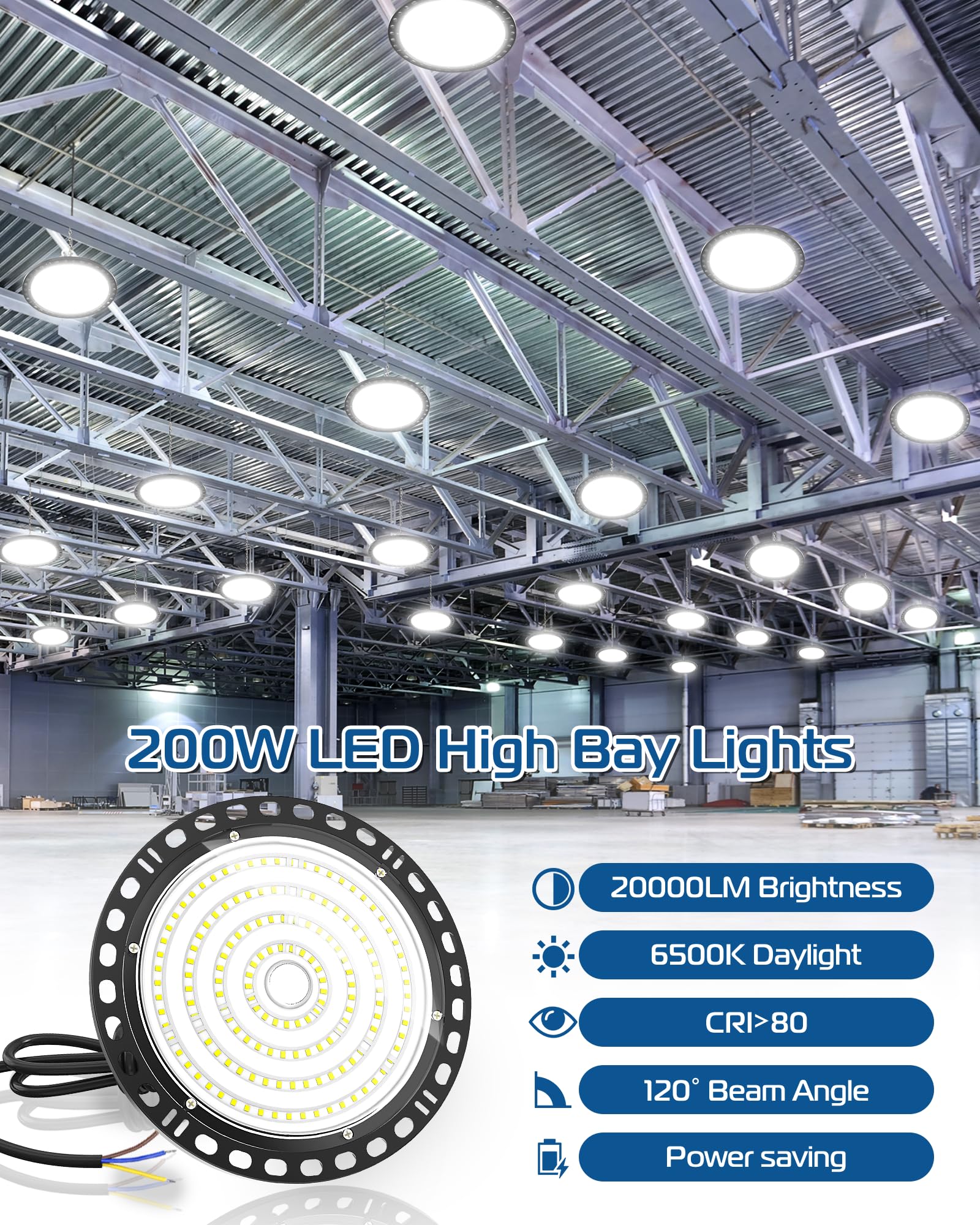 UFO Lámpara de Alta Bahía, 2PCS 200W Focos LED Interior Techo 20000LM 6500K Naves Industriales LED, IP65 Impermeable Campana Iluminación Para Garaje Fábrica Taller