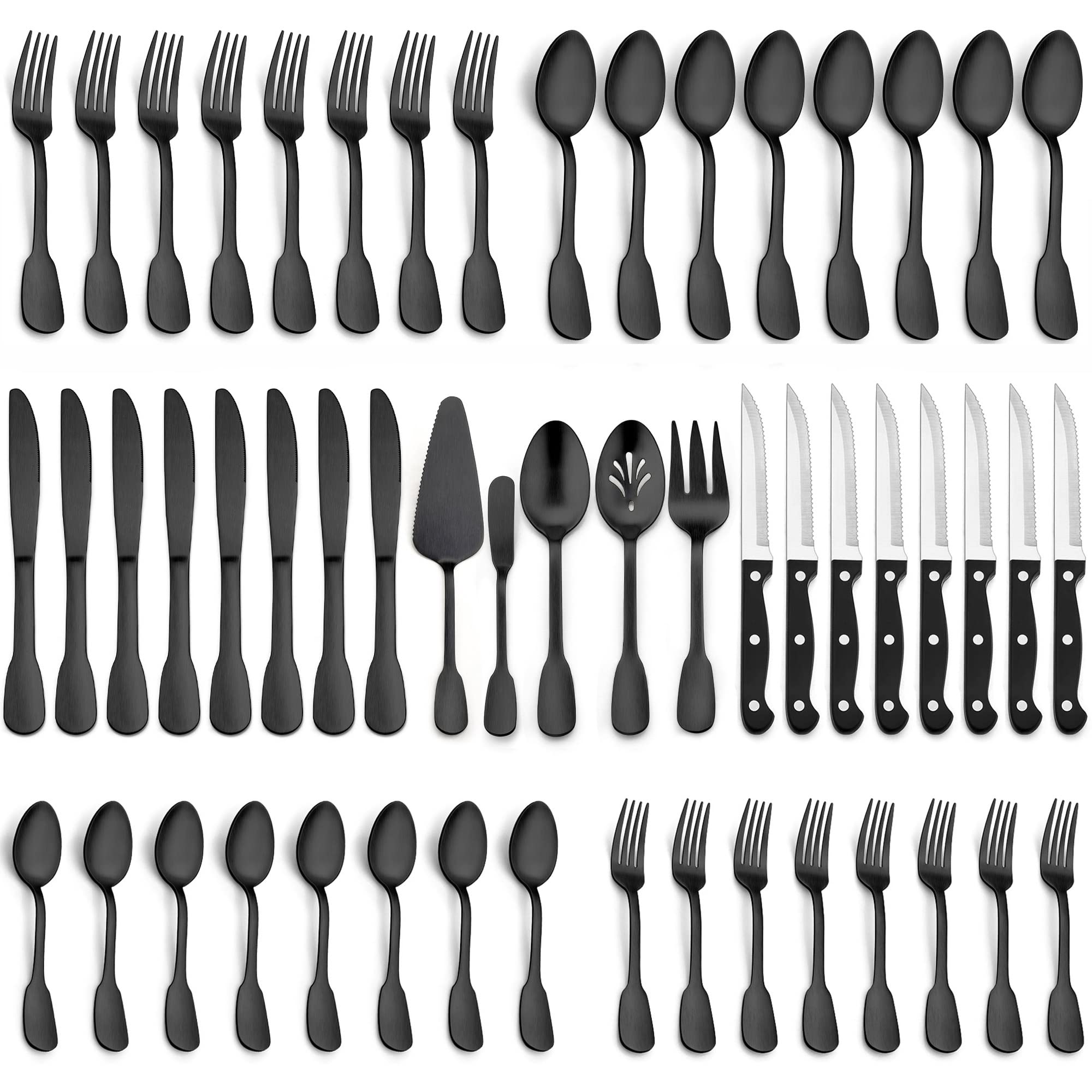 LIANYU 77-Piece Matte Black Silverware Flatware Set, Plus Steak Knives and Serving Utensils, Stainless Steel Flatware Cutlery Set for 12, Eating Utensils Tableware, Satin Finish, Dishwasher Safe