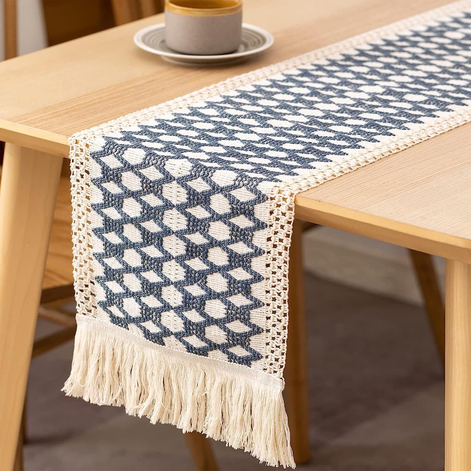 ELECDON Table Runners 72 Inches Long, Boho Table Runner Splicing Macrame Blue Burlap with Tassels for Bohemian Rustic Wedding Bridal Shower Home Party Kitchen Farmhouse Dining Table Decor