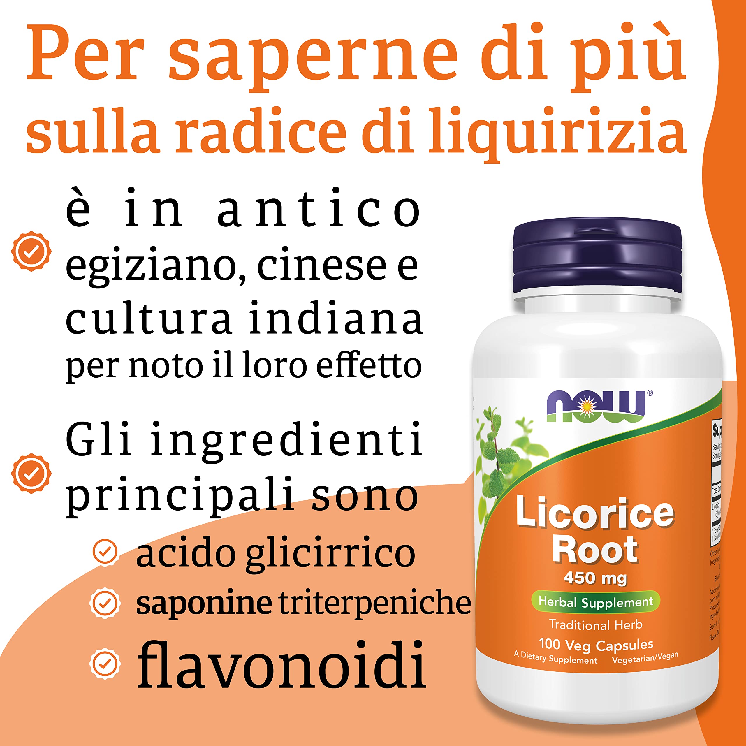 Now Foods, Licorice Root (Radice di Liquirizia), 450 mg, 100 Capsule vegane, Testato in Laboratorio, Senza Glutine, Senza Soia, Vegetariano