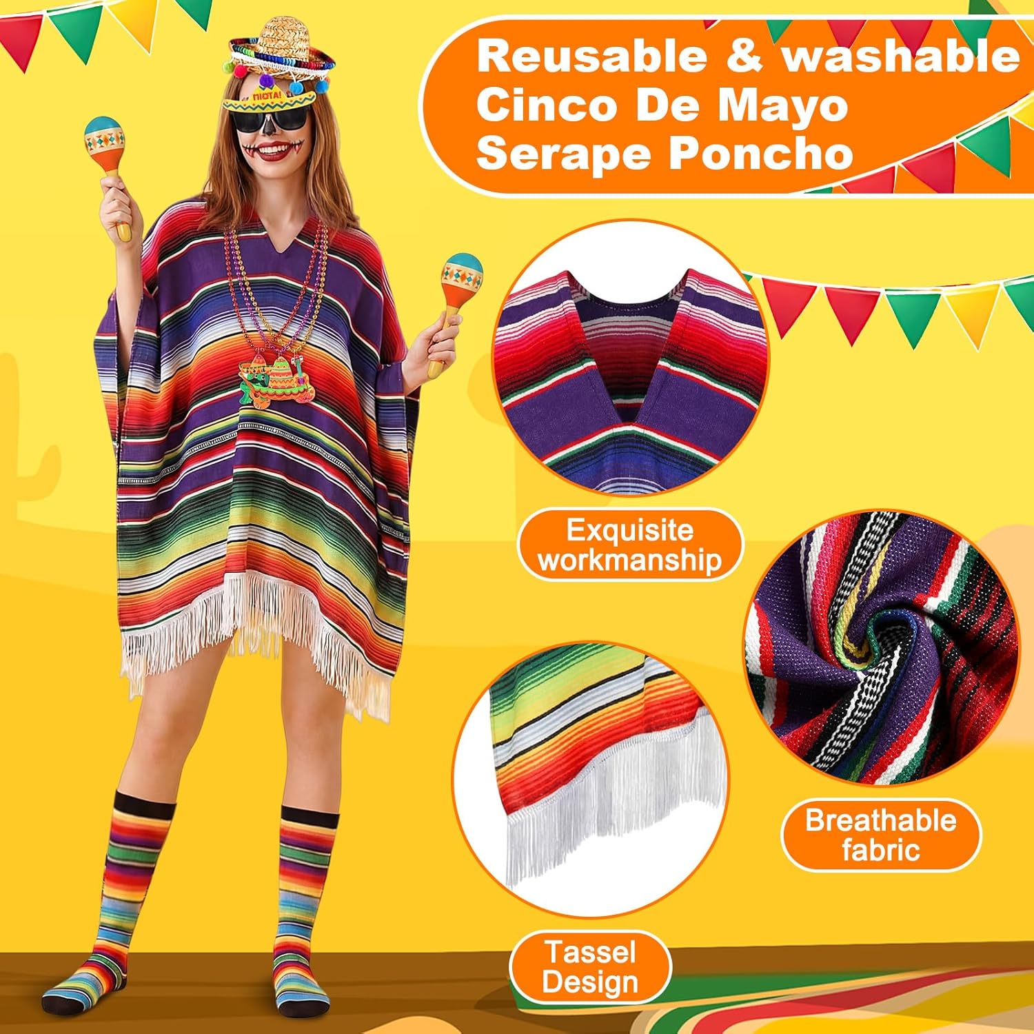 Twistover 9 Pcs Mexican Costume Set Serape Poncho Sombrero Headband Maracas Socks Sunglasses for Cinco De Mayo Fiesta Party Multicolor
