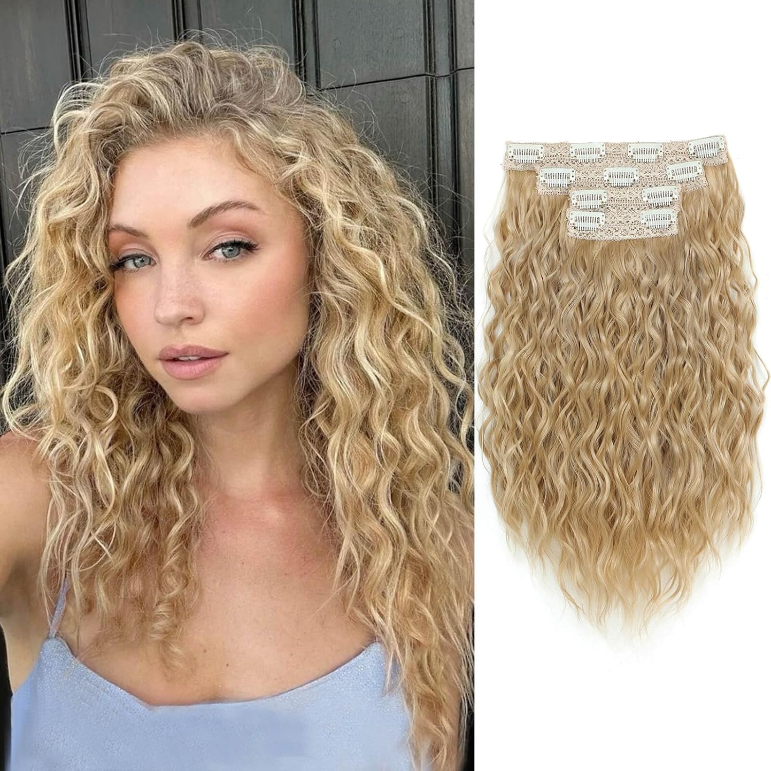 MORICHY Blonde Hair Extensions Clip in curly hair clip in extensions Wavy Seamless Clip in Hair Extensions 16'' Mermaid Waves 4PCS Synthetic Hair Pieces for Women?Light Golden Blonde? 16 Inch Light Golden Blonde
