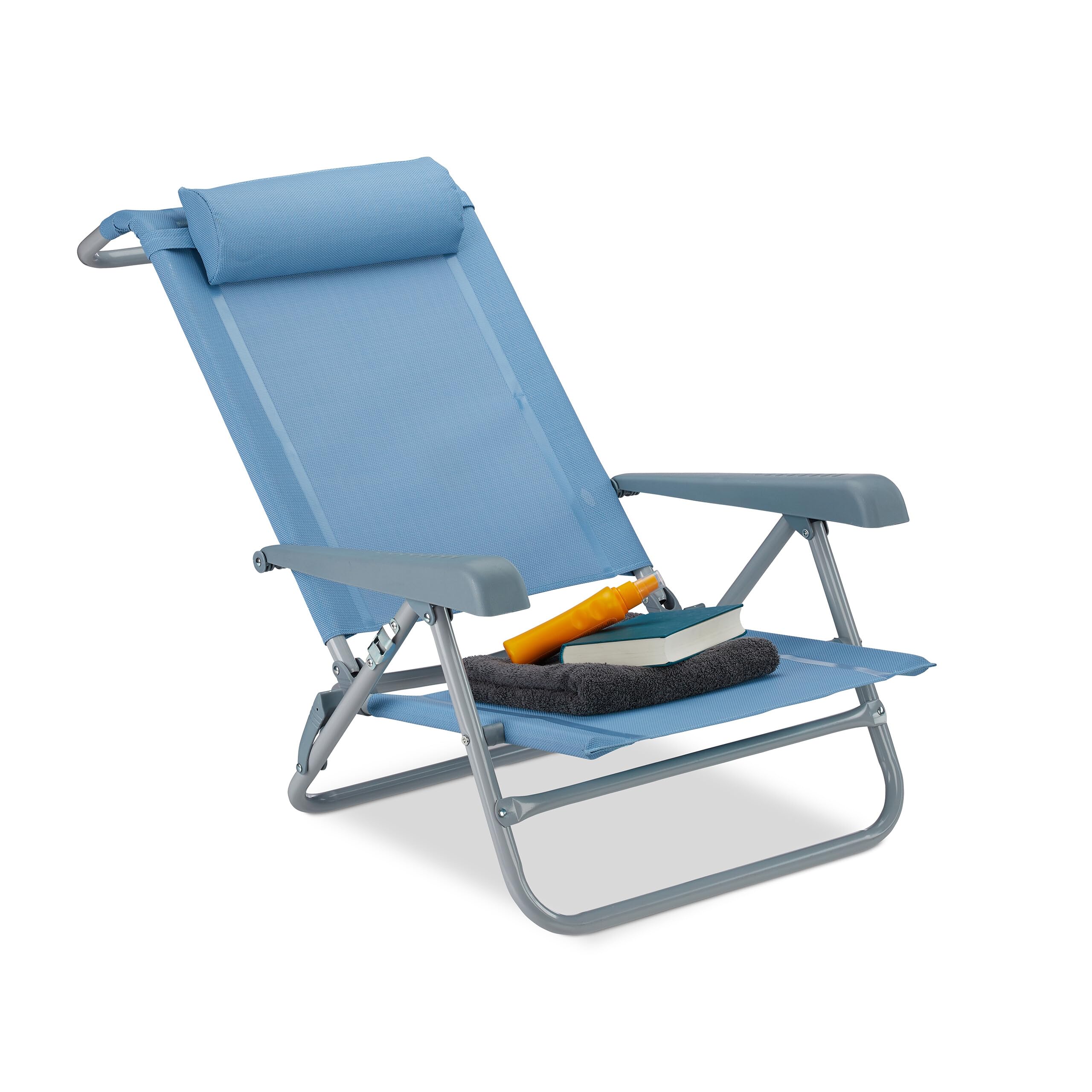 Relaxdays Sedia Pieghevole, Poggiatesta, Apribottiglia, Braccioli Regolabili, 120 kg, Plastica, Acciaio, Blu