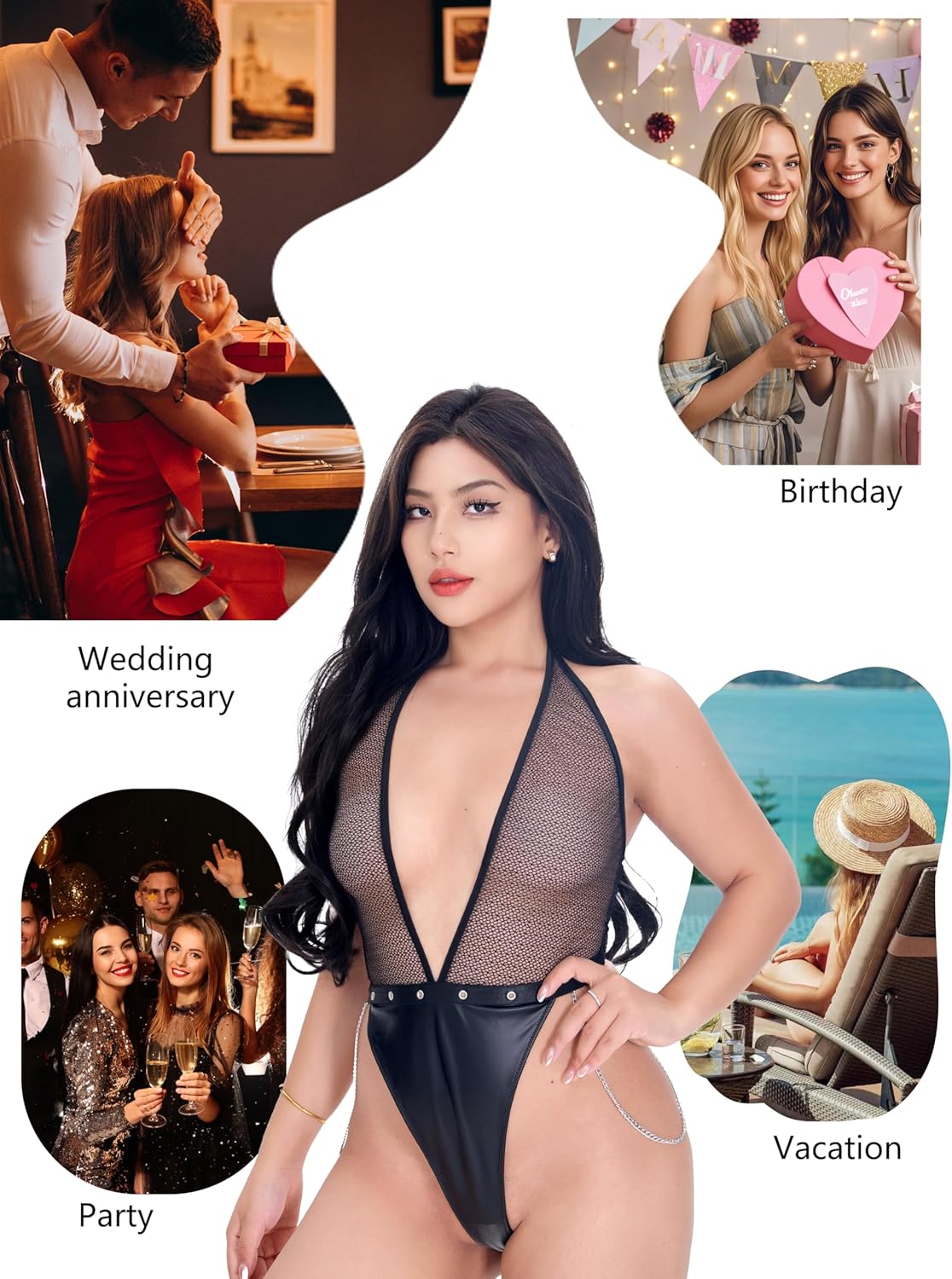 Women Sexy See Through Mesh Bodysuit with Chains Wireless Flattering V-neckline Pu Leather Halter Teddy Lingerie