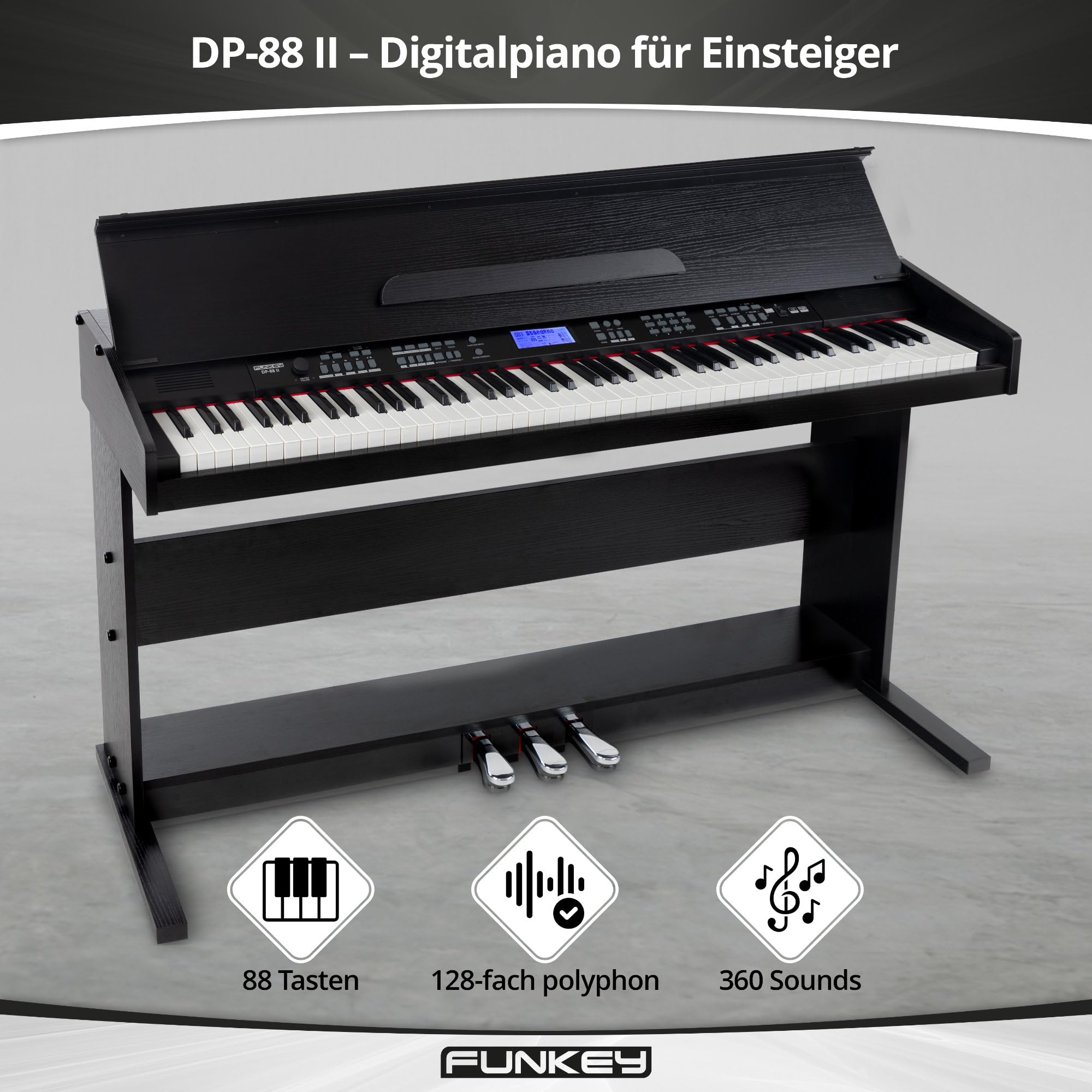 FunKey DP-88 II Digitalpiano Set (88 anschlagsdynamische Tasten, 360 Sounds, 160 Styles, MP3-Player, inkl. Keyboardbank, Kopfhörer und Klavierschule) schwarz