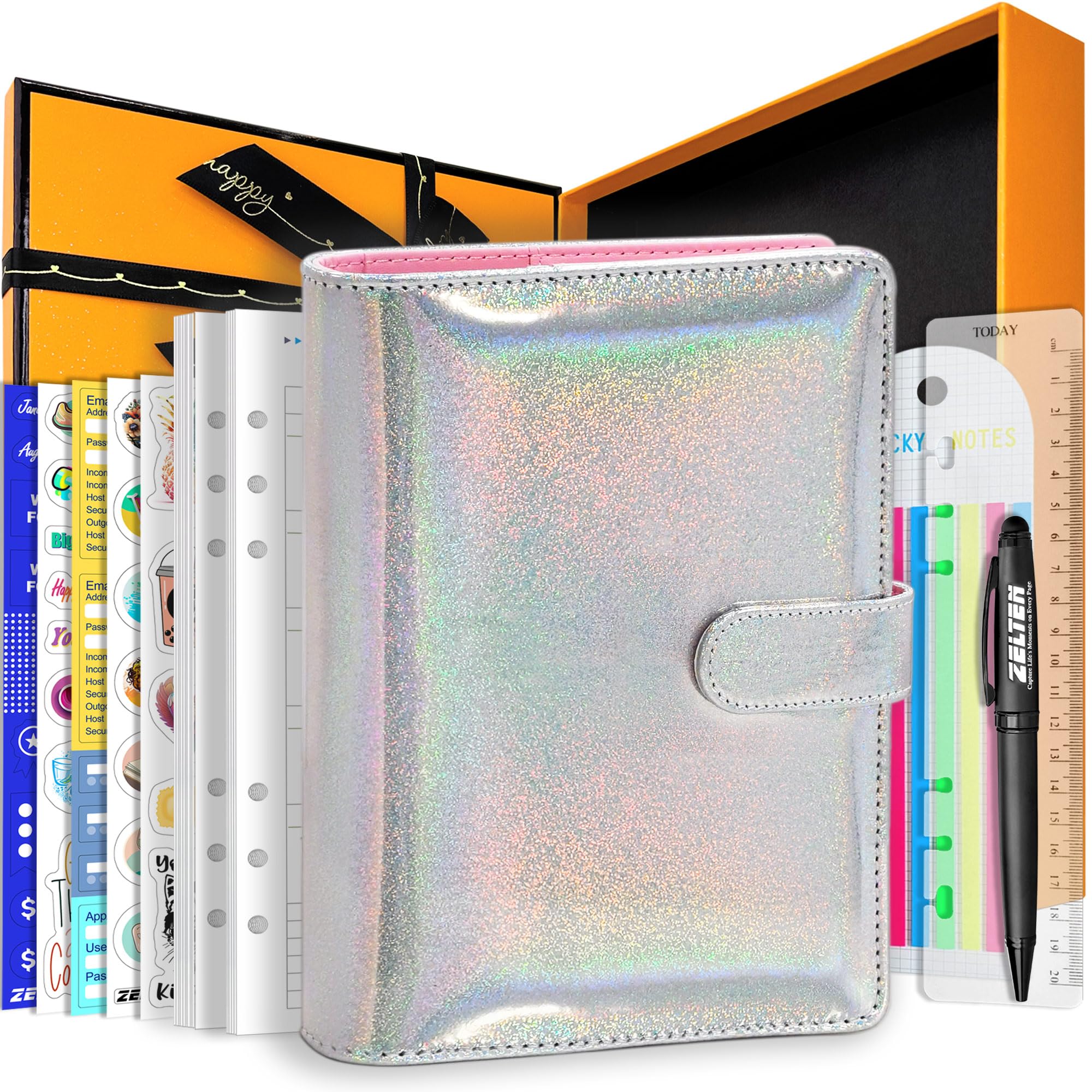 Zelten PU Leather Personal Notebook Planner with 67 Pages Loose-Leaf Papers 6 Holes Ring Binder Pen Holder Magnetic Buckle (Rainbow Glitter,A5 Gift Box)
