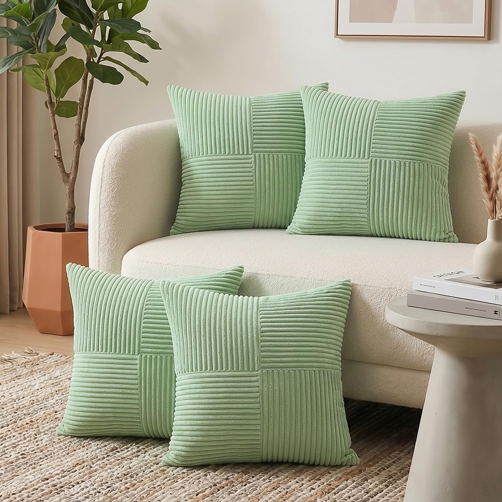 Sungeek Sage Green Decorative Cushion Covers Set of 4 Soft Corduroy Striped Cross Patchwork Textured Pillow Cover Solid Boho Farmhouse Throw Pillow Cases for Sofa Couch Bedroom Living Room 45x45cm
