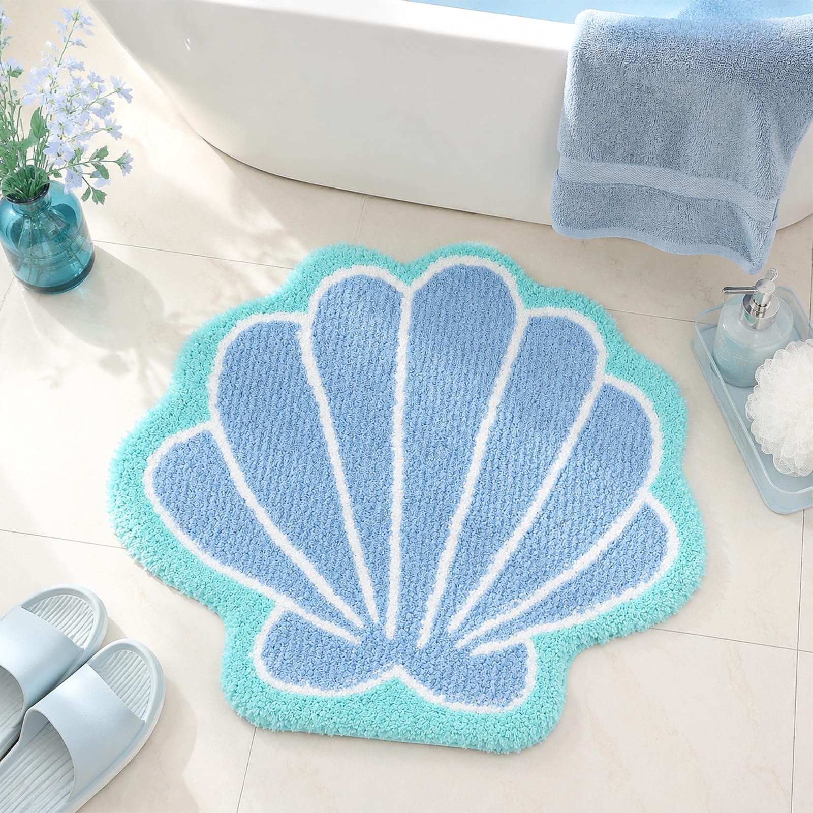 Tappeto da Bagno a Conchiglia Blu, Tappetino da Bagno Oceano e Stella Marina, Assorbente Antiscivolo Lavabile in Microfibra, Tappeto Bagno per Decorazione Marina 56x66cm