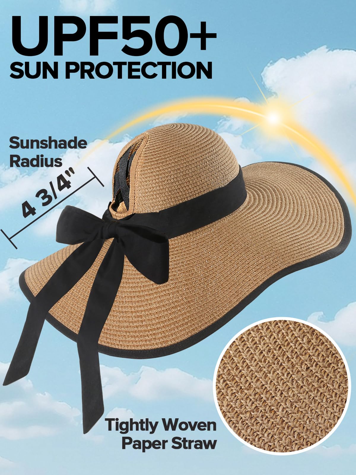 Sombreros de sol para mujer con agujero para cola de caballo, sombreros de playa de ala ancha para mujer, sombrero de paja flexible, plegable, sombreros de verano plegables para mujer, Caqui, Mediana 3
