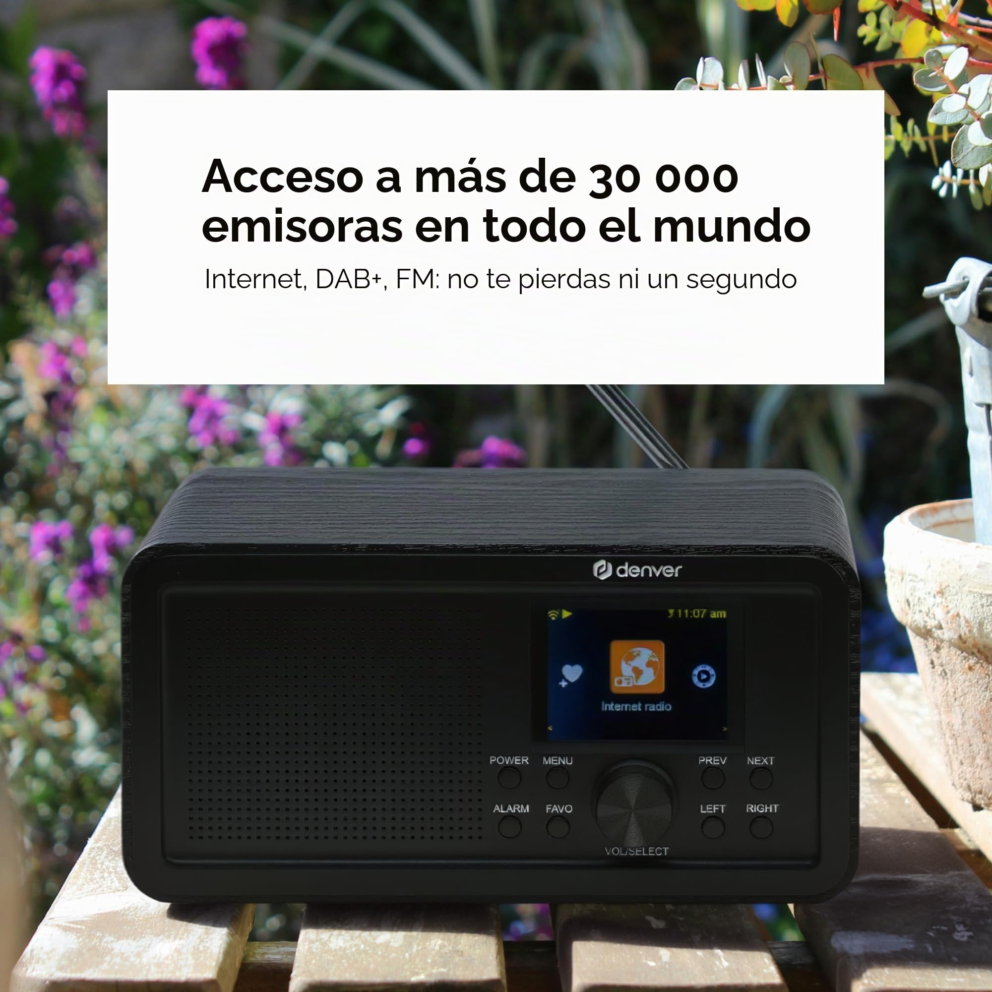 Denver DIR-200 Radio Internet Dab+/FM con WiFi, Bluetooth 5.0, Pantalla 2,4”, AUX, batería integrada, Negro