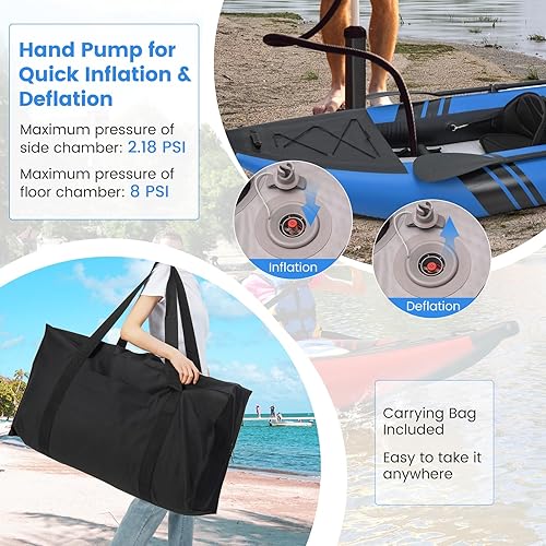 Miniatura 5 de GYMAX Kayak inflable, kayak tándem de 12.5 pies y 507 libras con 2 remos de aluminio, 2 asientos acolchados, reposapiés, 2 aletas, bomba de mano,