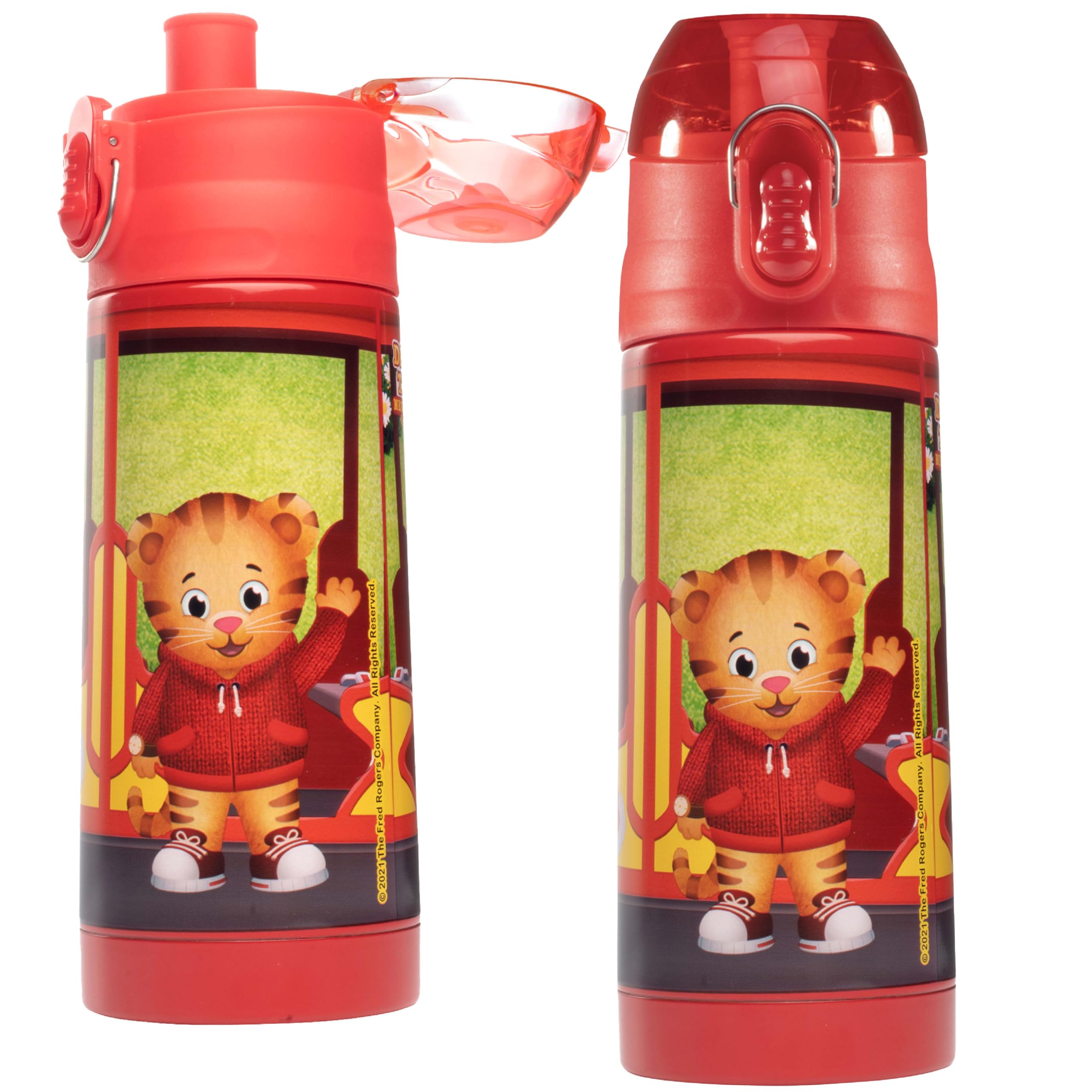 Daniel Tiger Stainless Steel 13 oz Reusable Water Bottle for Kids, Red- Double Wall Insulated, Spill Proof Lid w/Built-in Straw- Keep Liquids Hot or Cold For Hours- Easily Fits in Lunch Boxes & Bags