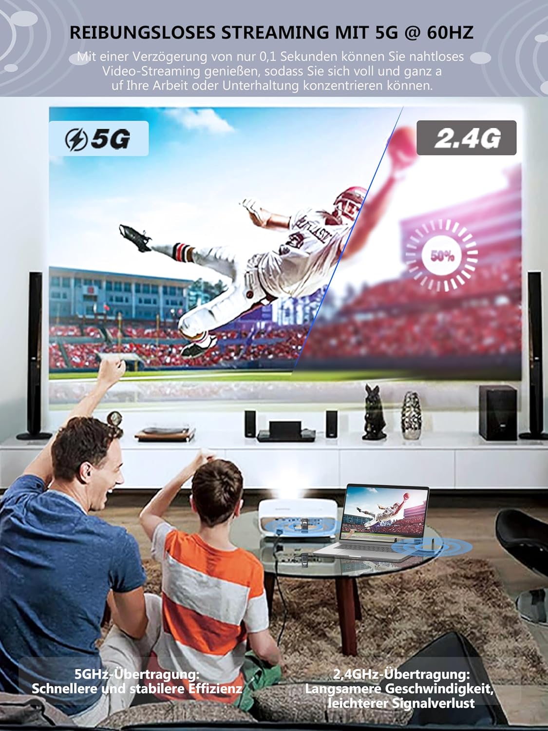 Diagram showing the plug and play setup for the TIMBOOTECH Wireless HDMI system.