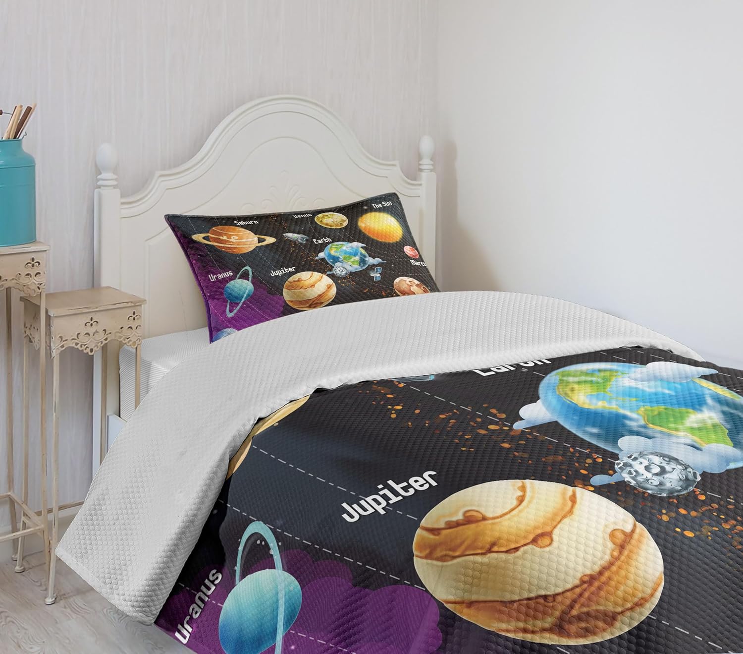 Ambesonne Outer Space Bedspread, Solar System of Planets Milky Way Neptune Venus Mercury Sphere Illustration, Decorative Quilted 2 Piece Coverlet Set with Pillow Sham, Twin Size, Black Purple Twin Size Black Purple