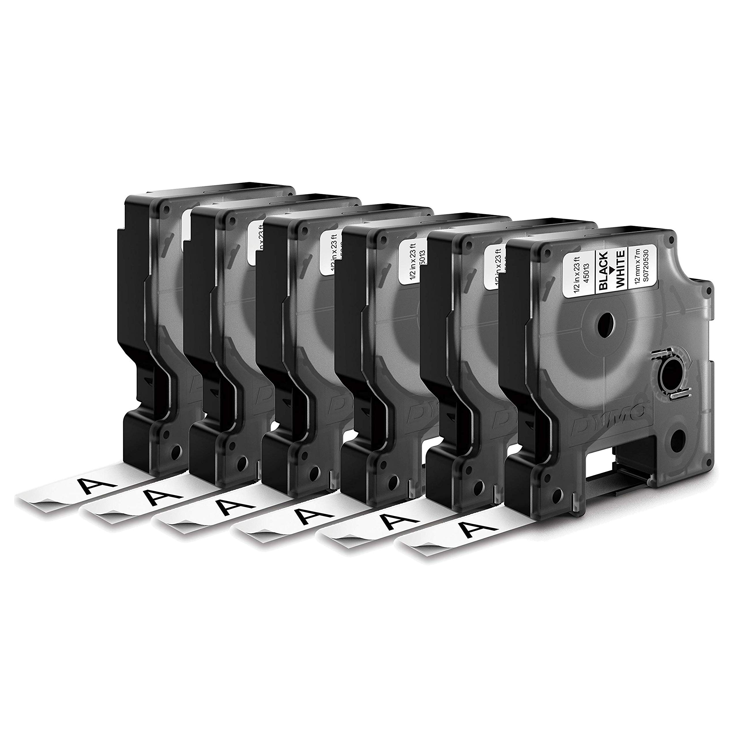 DYMO Etiketten für LabelManager und LabelWriter Duo-Etikettenhersteller, ideal für Organisation, Innen- und Außenbereich, 12 mm x 7 m, schwarzer Druck auf weißem Klebeband, wasserabweisend, 6 Stück