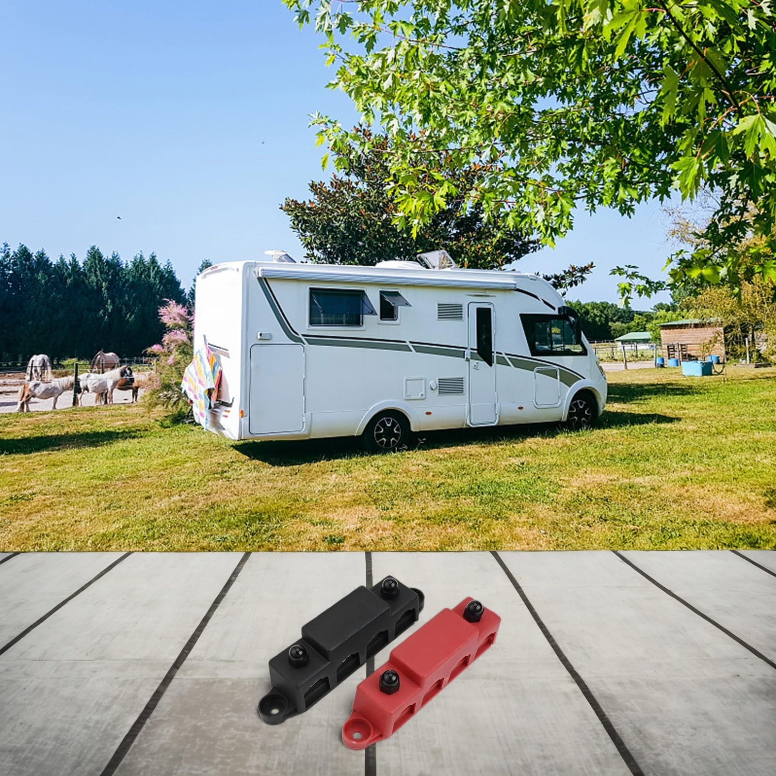 Zestaw 2 bloków rozdzielczych 12 V-48 V DC 250 A, szyna zasilająca ze śrubami M8, do kamperów, łodzi, instalacji solarnych 168 x 54 mm