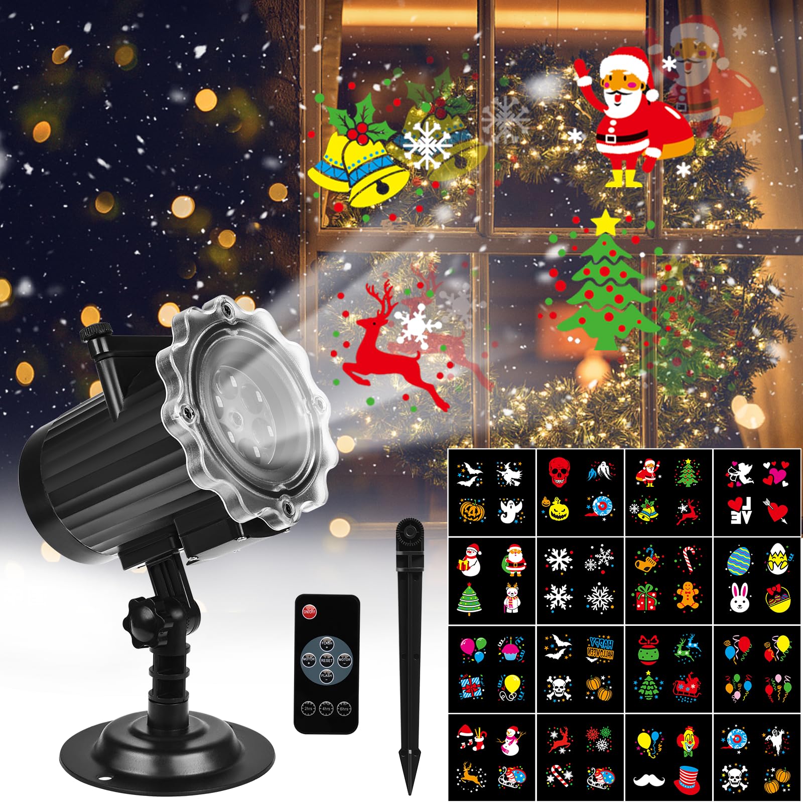 Proiettore Luci Natale, Proiettore Luci Natale Esterno 16 Diapositive Modelli con Telecomando e Timer, Impermeabile IP65 Proiettore Natale Esterno & Interno per Natale Giardino