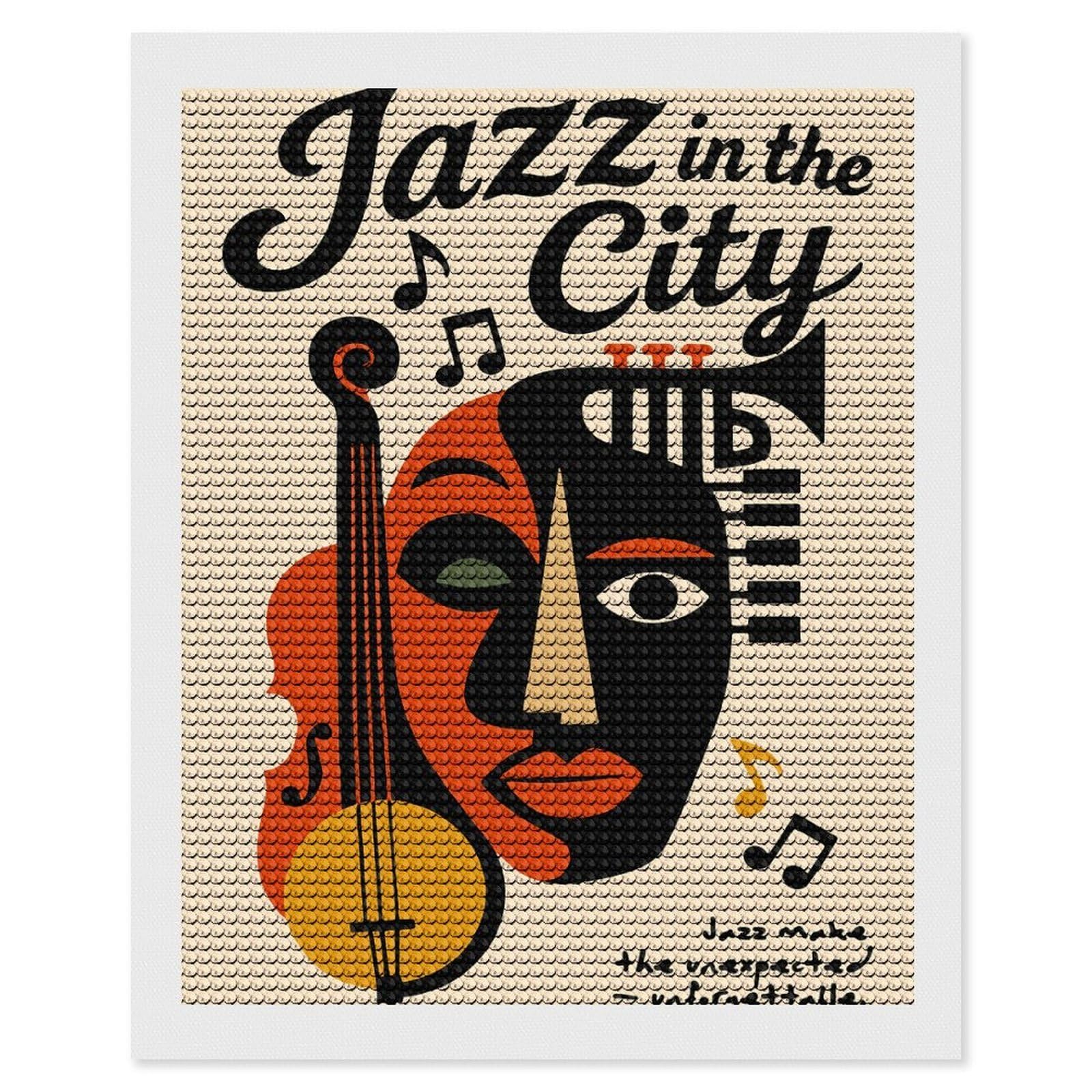 Junmoney Jazz in The City Diamond Painting Set 16"x20", Modern Decor, for Beginners, Printed Canvas, Thoughtful Handmade Gift, with Tool Kit