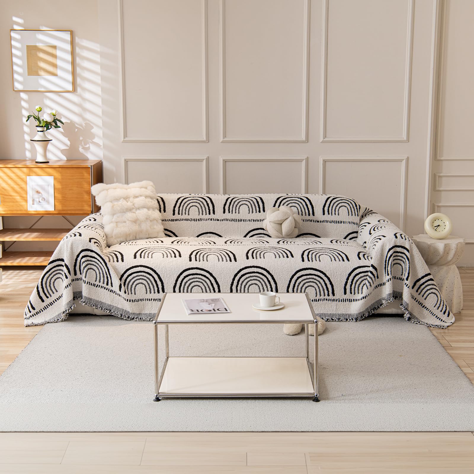 LiveGo Chenille AB Sided Slipcover for Corner & L Shaped Sofa, Soft Non-Slip All-Season Washable Couch Protector for Dogs with Tassel (Ab Susie Black, 180 x 260 cm)