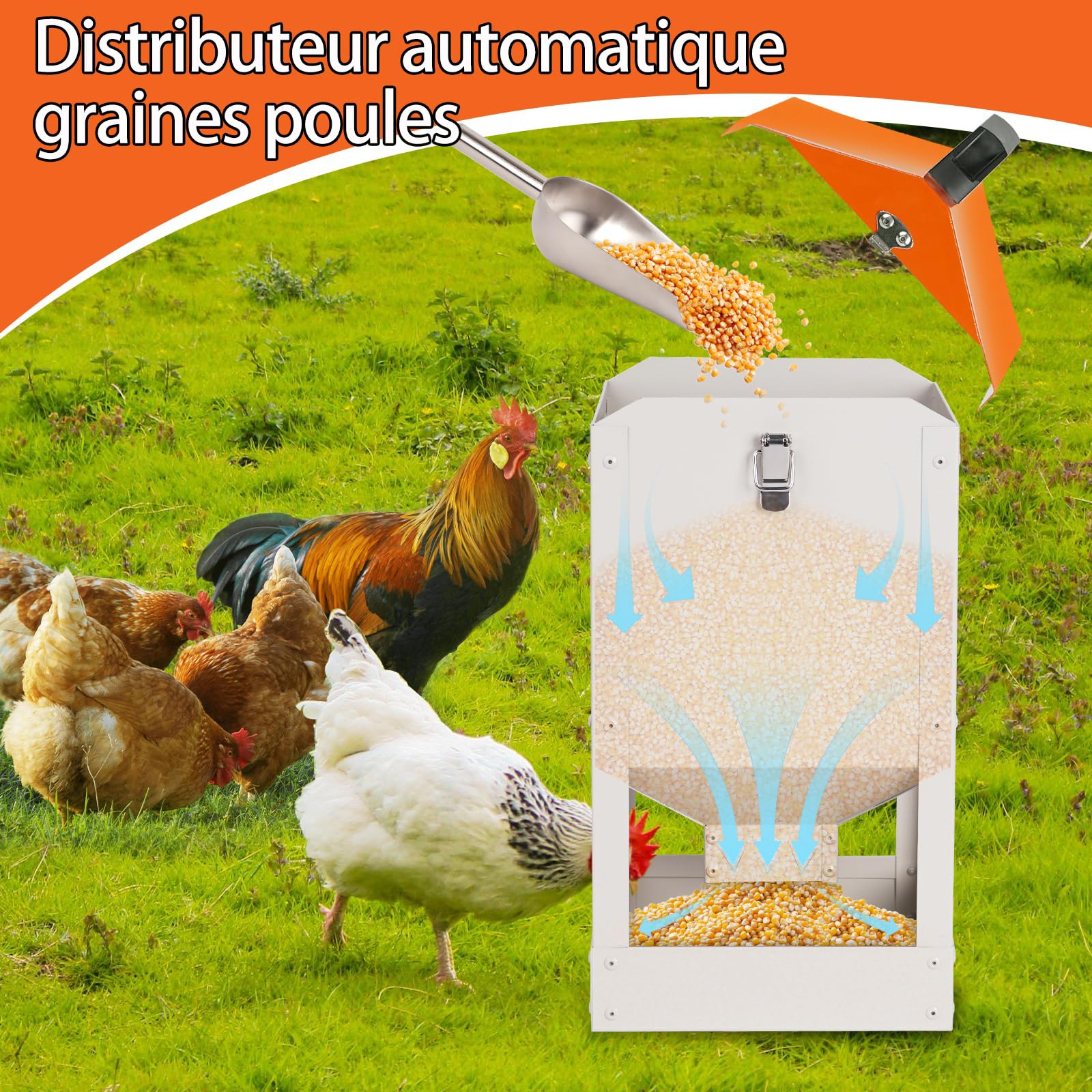 8KG Mangeoire Pour Poules Metal, Distributeur Automatique Graines Poules, Avec Couvercle Et Poignée, Distributeur D’Aliments Pour Volaille Pour Poulets, Canards, Oiseaux