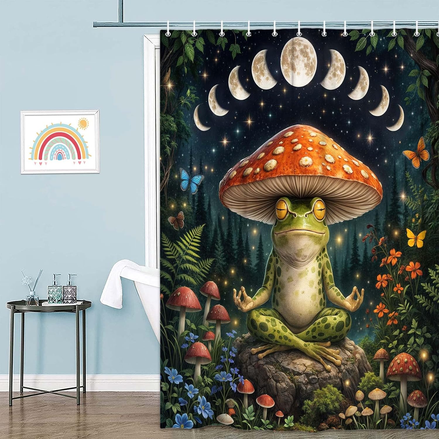 JAWO Meditating Frog Shower Curtain, Moon Phase Mushroom Forest Bathroom Curtain, Whimsical Nature Boho Shower Curtain for Bathroom Decor, Waterproof Fabric Shower Curtain,12pcs Hooks,69X70 in