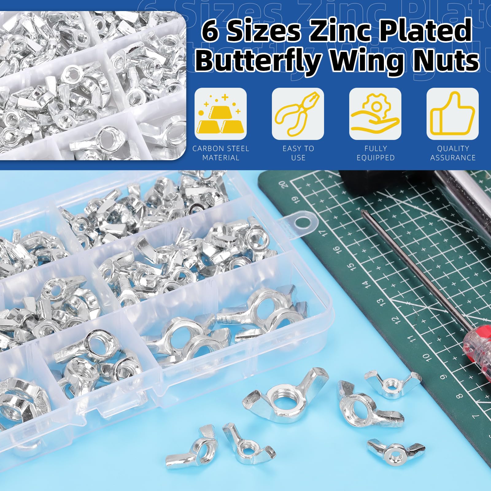 Glarks 150Pcs 6 Sizes Silver Wing Nuts Assortment Kit, 3/8’’-16, 5/16’’-18, 1/4’’-20, #10-24, #8-32 - Image 3