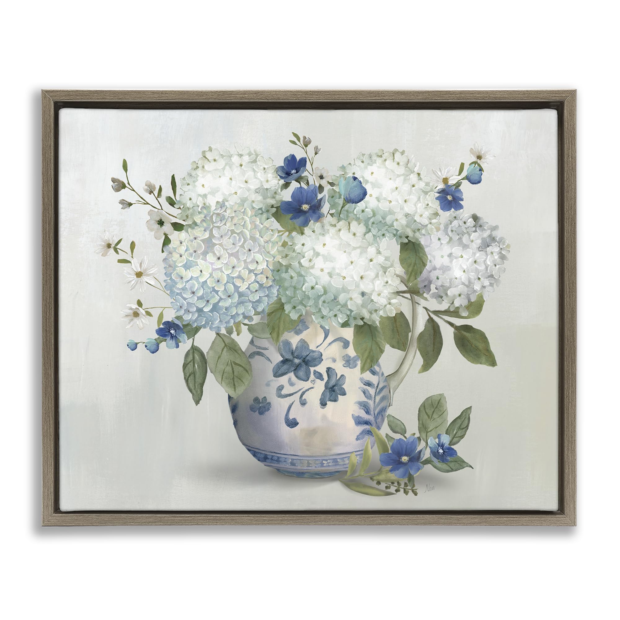 'Ivory & Blue Hydrangea Vase'| Floating Frame Canvas Art