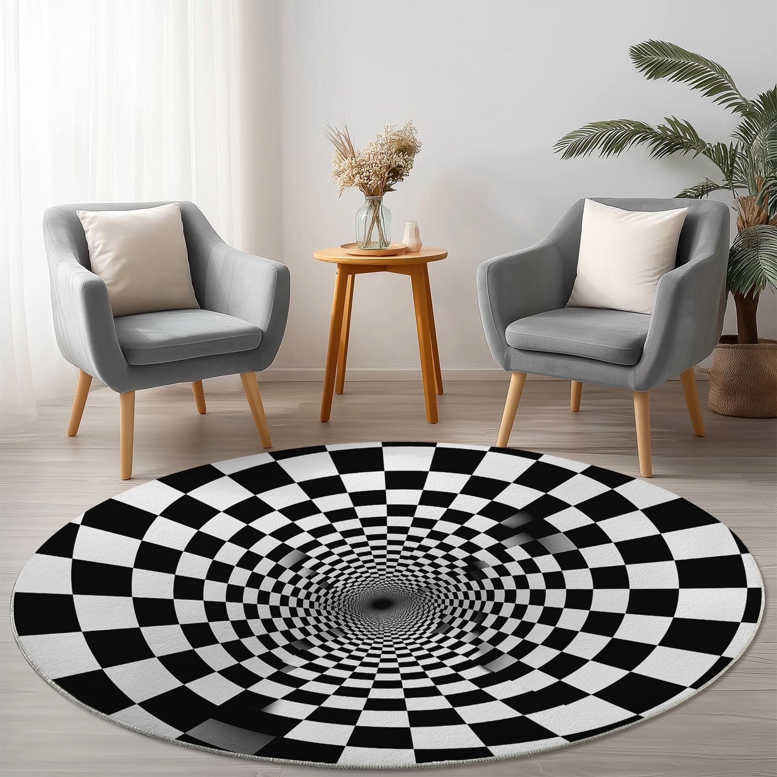 Round Rugs for Living Room, Abstract Washable Area Rugs for Bedroom, Non Slip Rug for Dining Room Home Office, Soft Low Pile Floor Carpet for Home Decor, 60 cm Black Checkerboard Pattern Tunnel