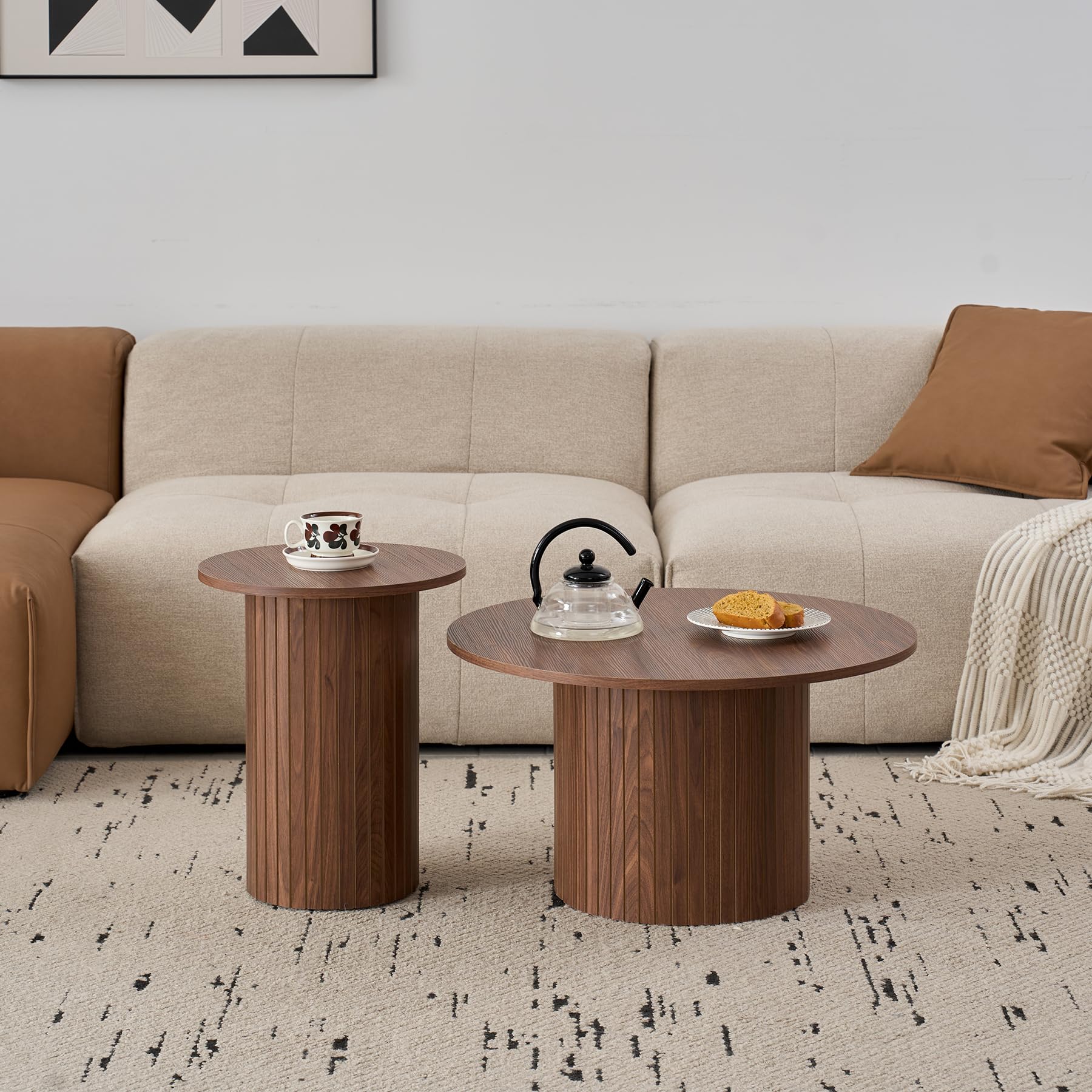DEYARNA HOME 2er-Set runder Couchtische, Modernes Geriffeltes Trommel-Couchtisch-Set für Wohnzimmer, Schlafzimmer, Balkon und Büro