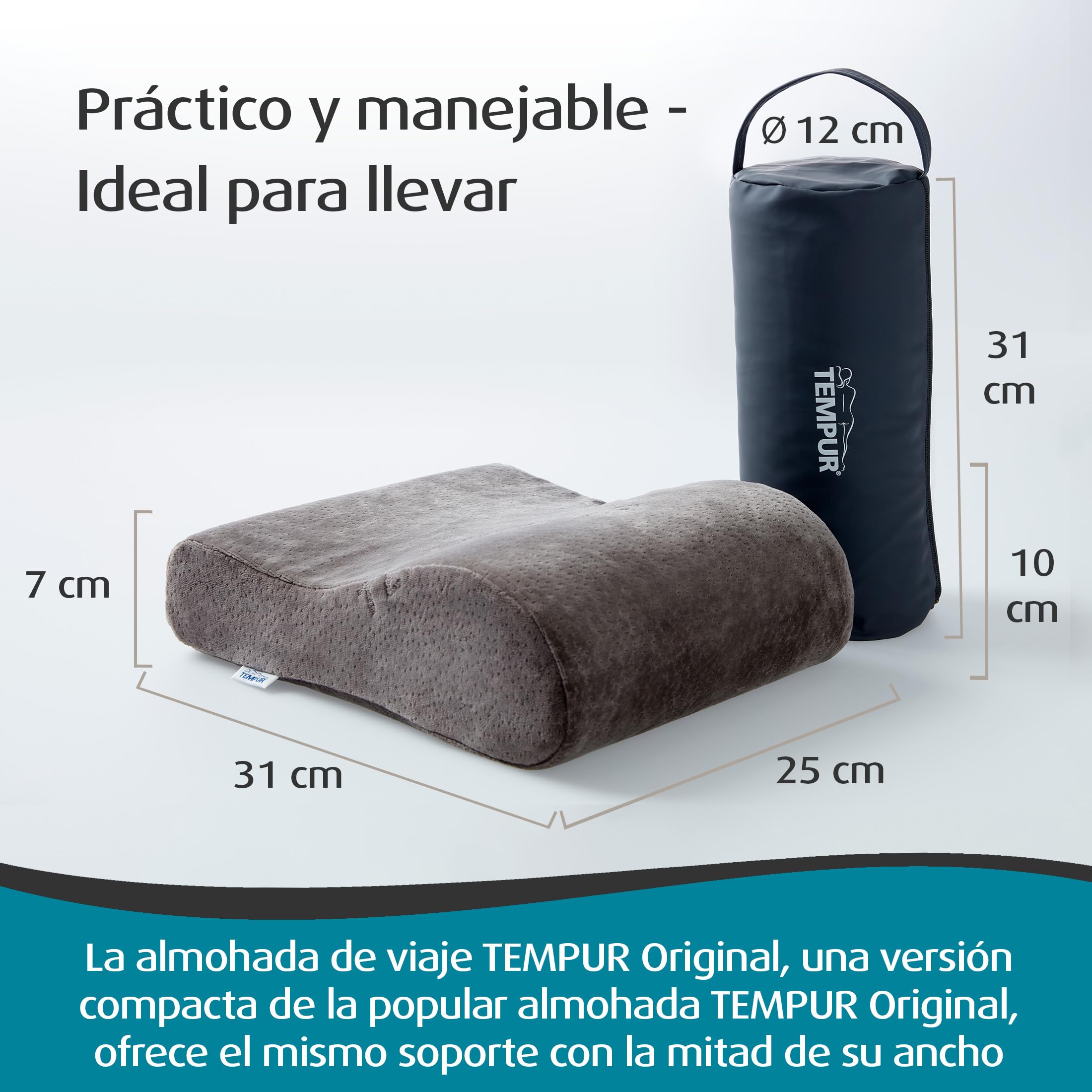 TEMPUR Almohada de Viaje ergonómica, viscoelástico, 25 x 31 x 10/7 cm | Almohada cervical de viaje TEMPUR con bolsa de transporte incluida, antracita